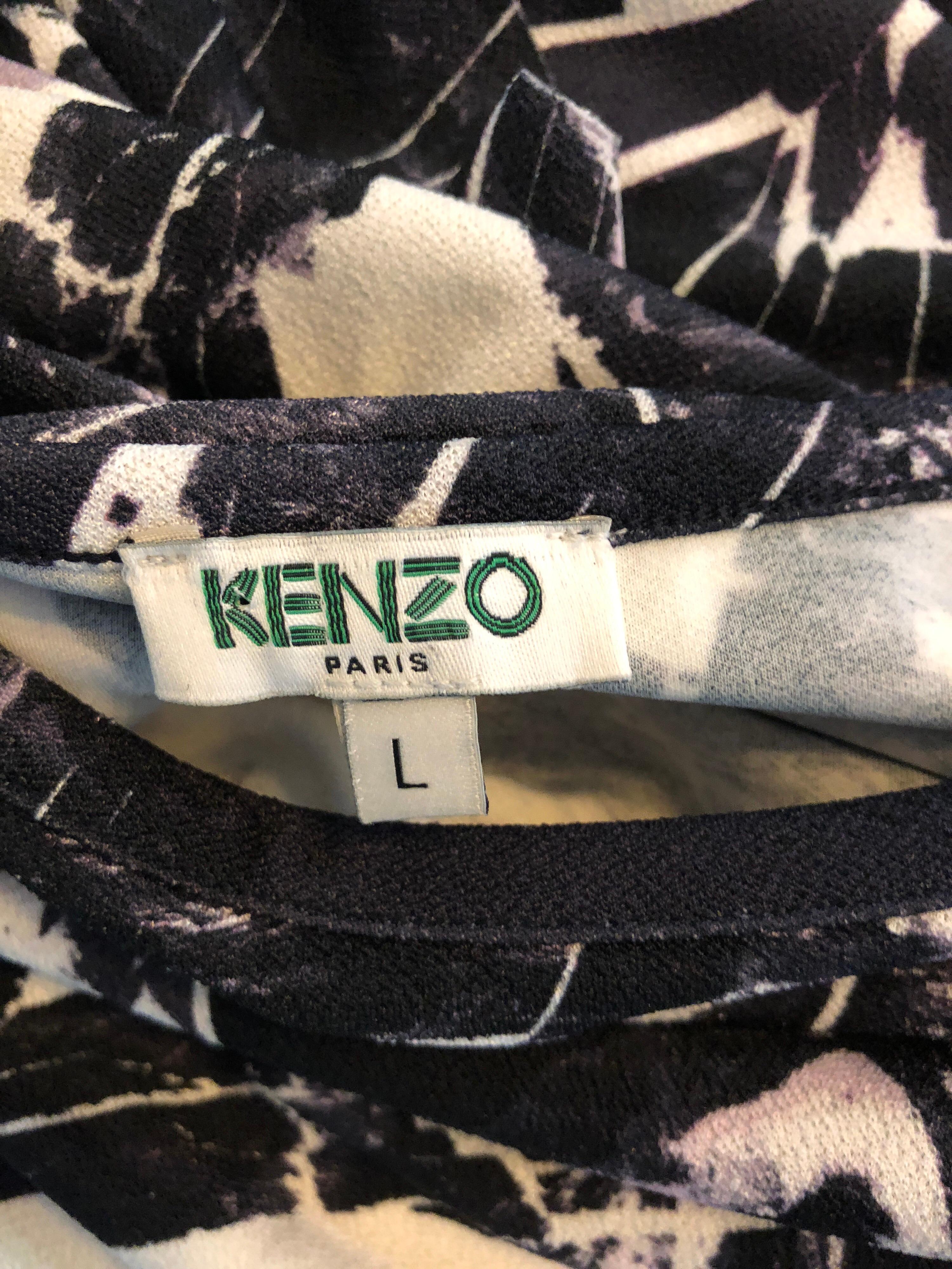 Vintage Kenzo Large Size 1990s Abstract Print Navy Blue + Purple 90s Mini Dress 10