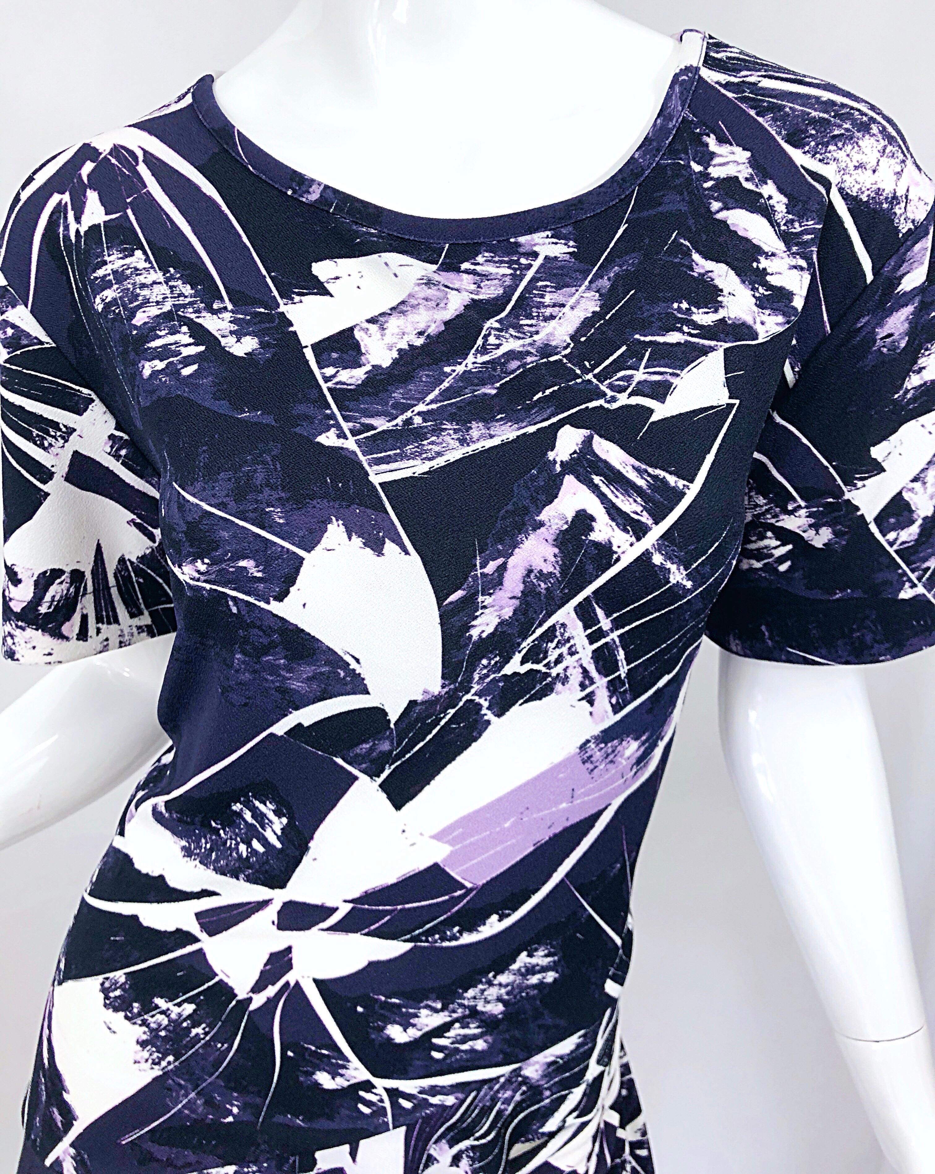 Black Vintage Kenzo Large Size 1990s Abstract Print Navy Blue + Purple 90s Mini Dress