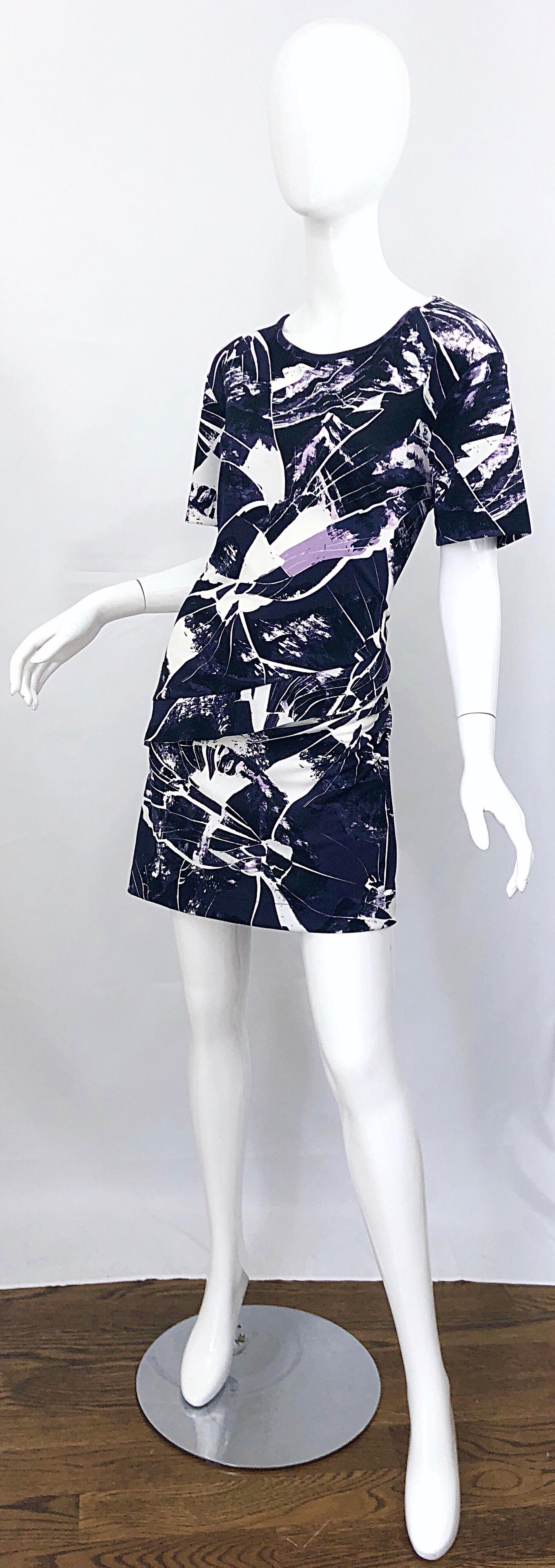 Women's Vintage Kenzo Large Size 1990s Abstract Print Navy Blue + Purple 90s Mini Dress