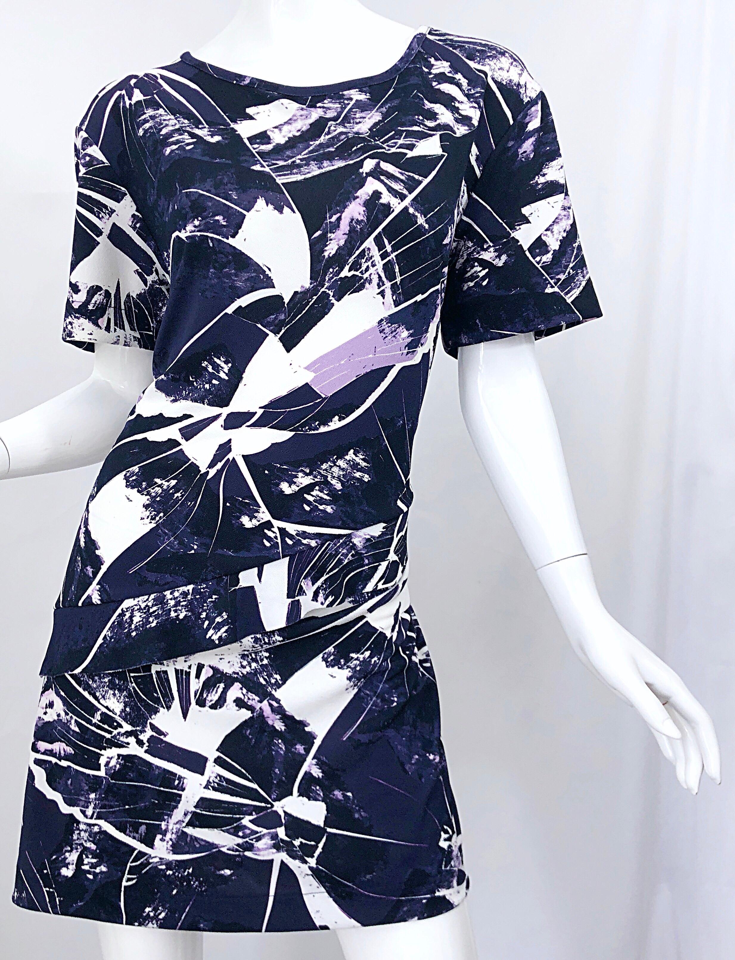 Vintage Kenzo Large Size 1990s Abstract Print Navy Blue + Purple 90s Mini Dress 2