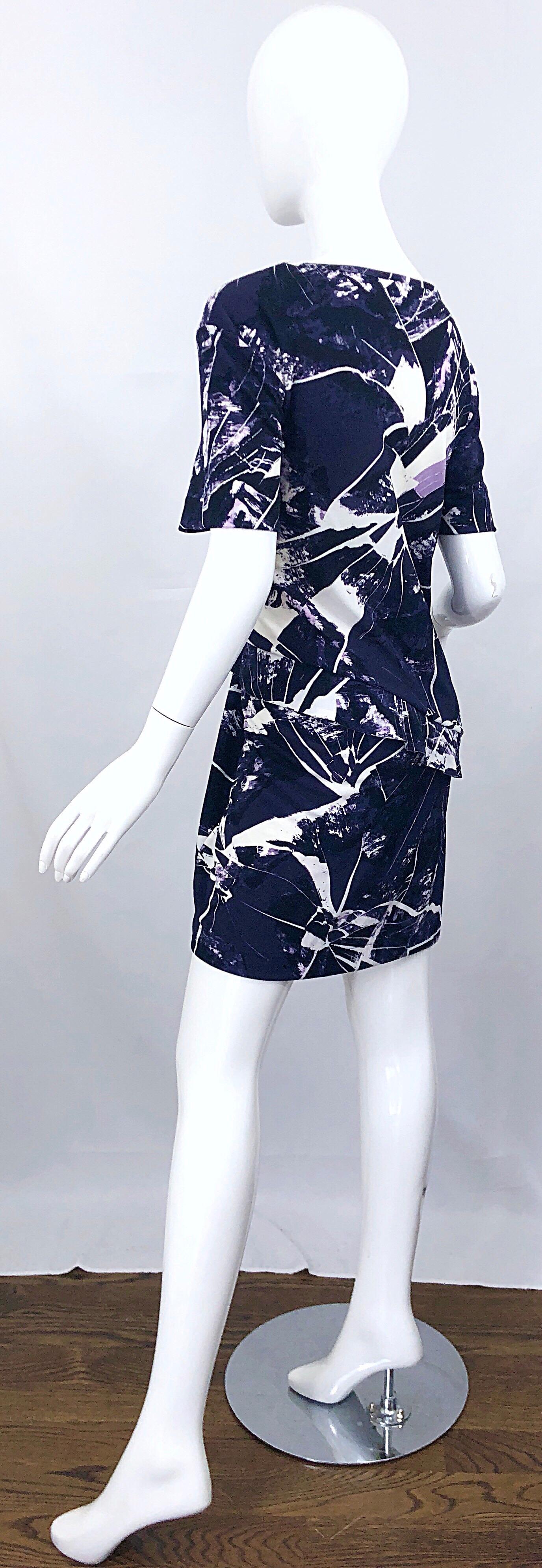 Vintage Kenzo Large Size 1990s Abstract Print Navy Blue + Purple 90s Mini Dress 3