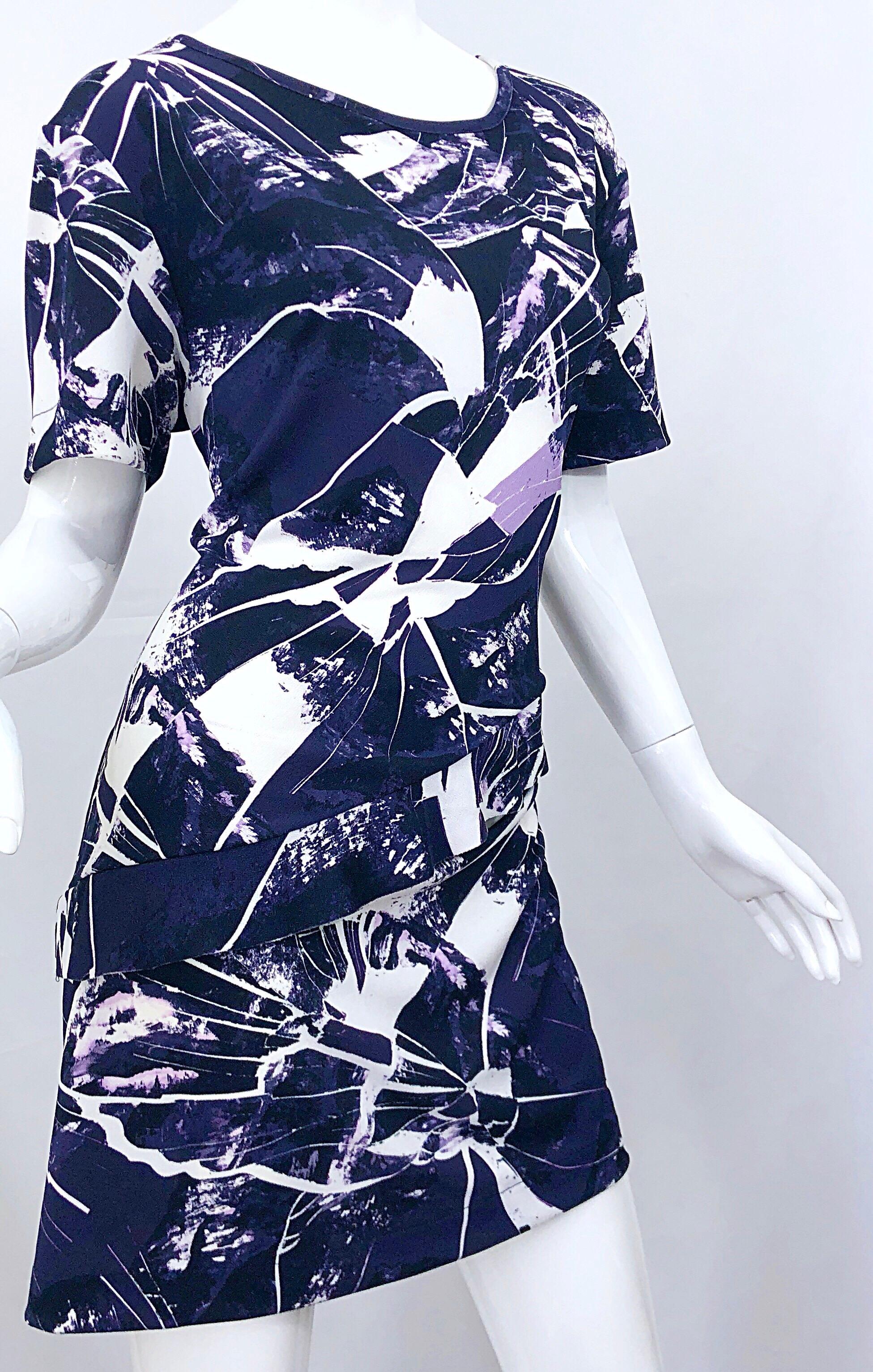 Vintage Kenzo Large Size 1990s Abstract Print Navy Blue + Purple 90s Mini Dress 4