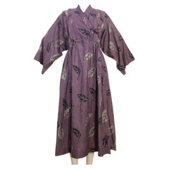 Abito kimono Kenzo vintage in lino viola con foglie