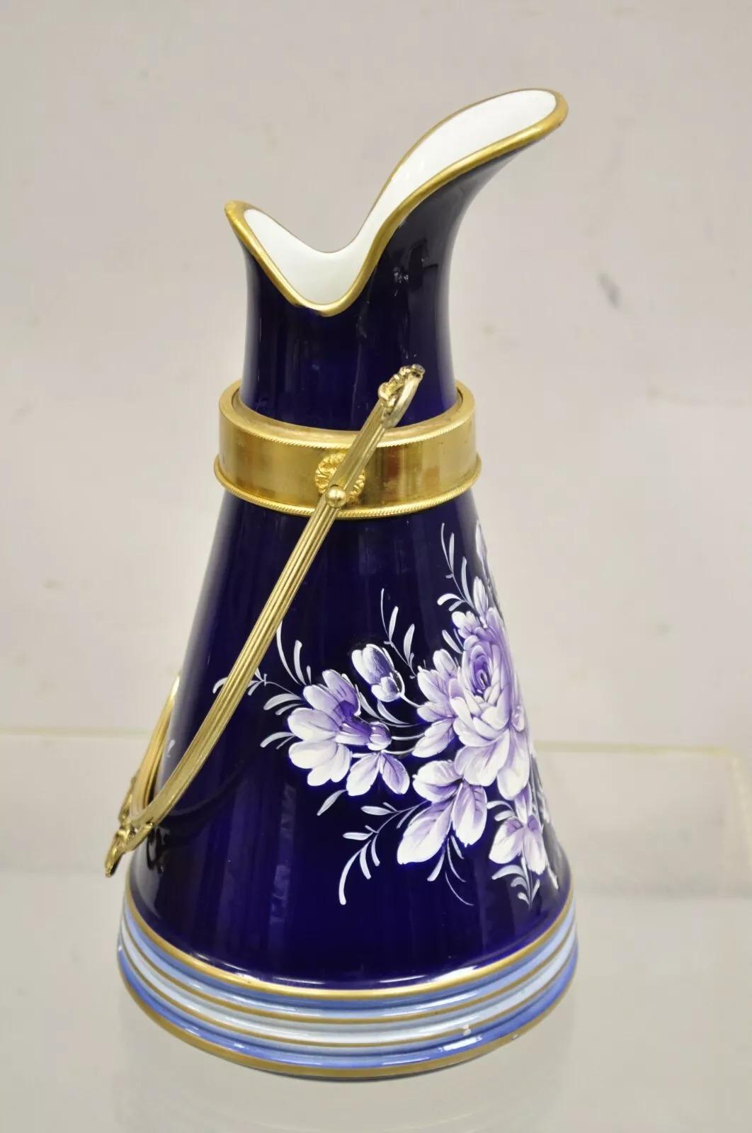 Vintage Keramos Italian Capodimonte Cobalt Blue Porcelain Pitcher w/ Handle For Sale 5