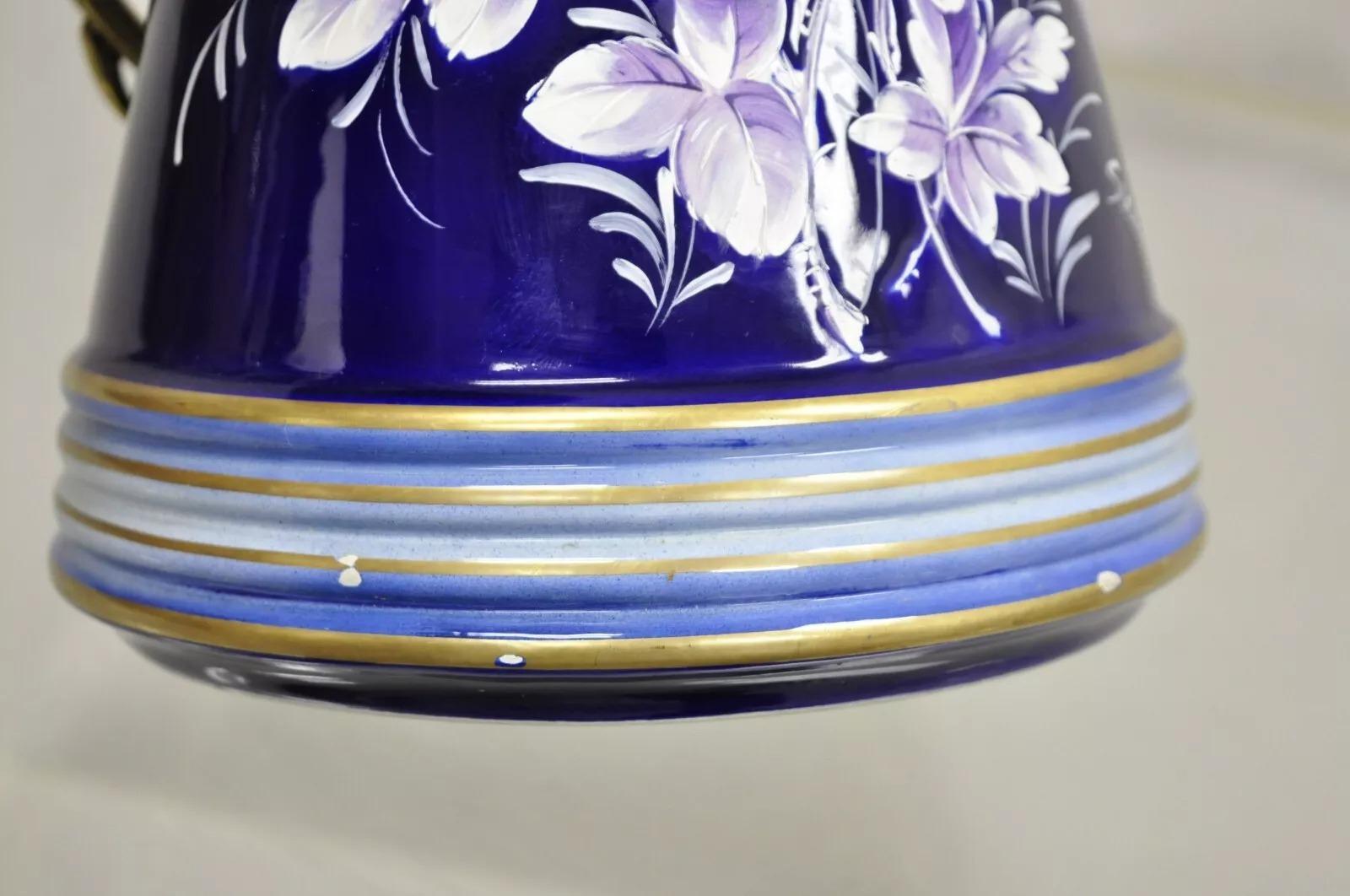 20th Century Vintage Keramos Italian Capodimonte Cobalt Blue Porcelain Pitcher w/ Handle For Sale