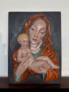 Vintage Keramos Wien Art Deco Ceramic Madonna & Child Wall Relief Plaque