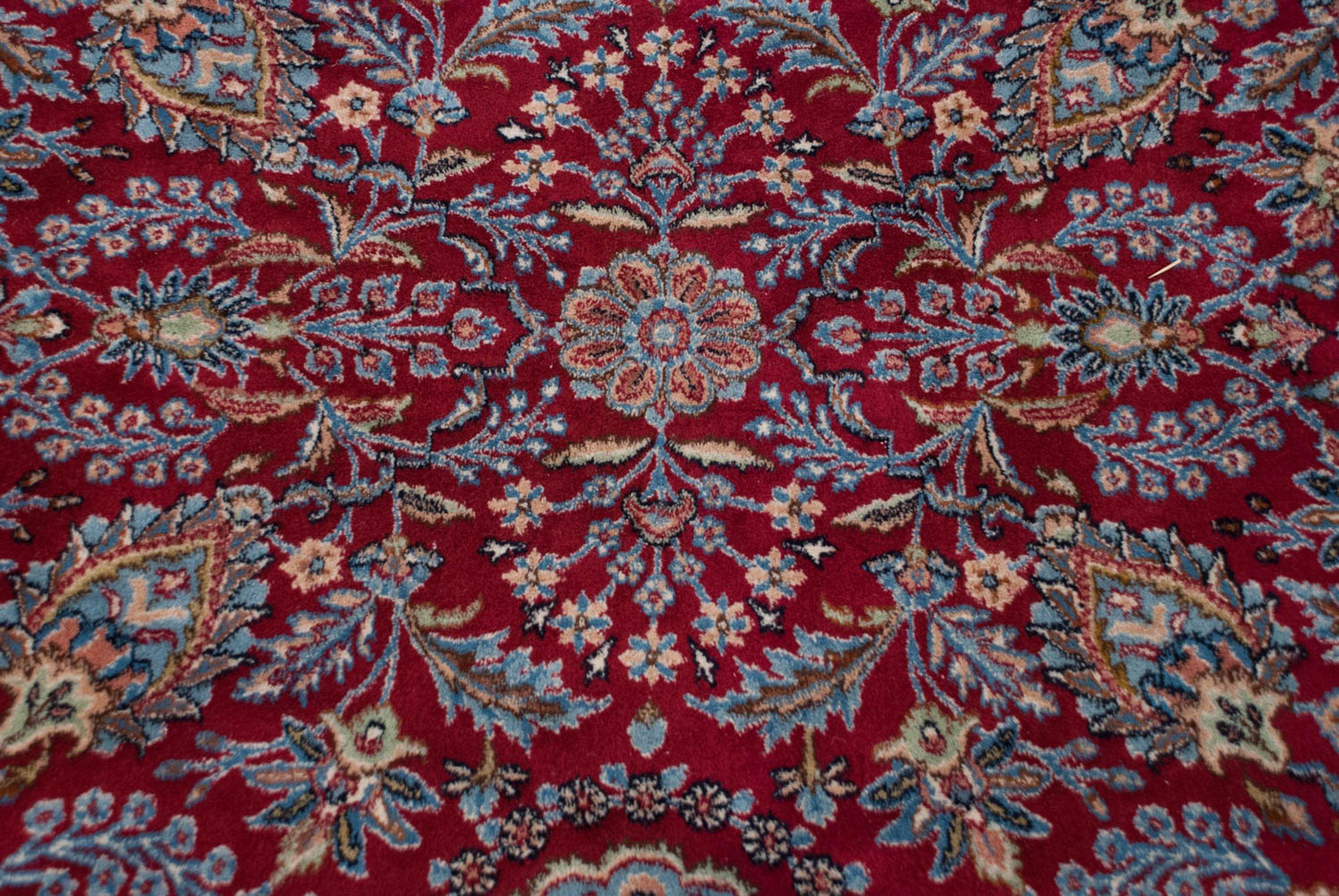 :: Covered field of multi-minor medallions and large floral bouquets bearing palmette cross-sections, pomegranate top views, and thousand flower inspired design elements. Inner and outer minor border in a unique diminutive floral arabesque. Colors