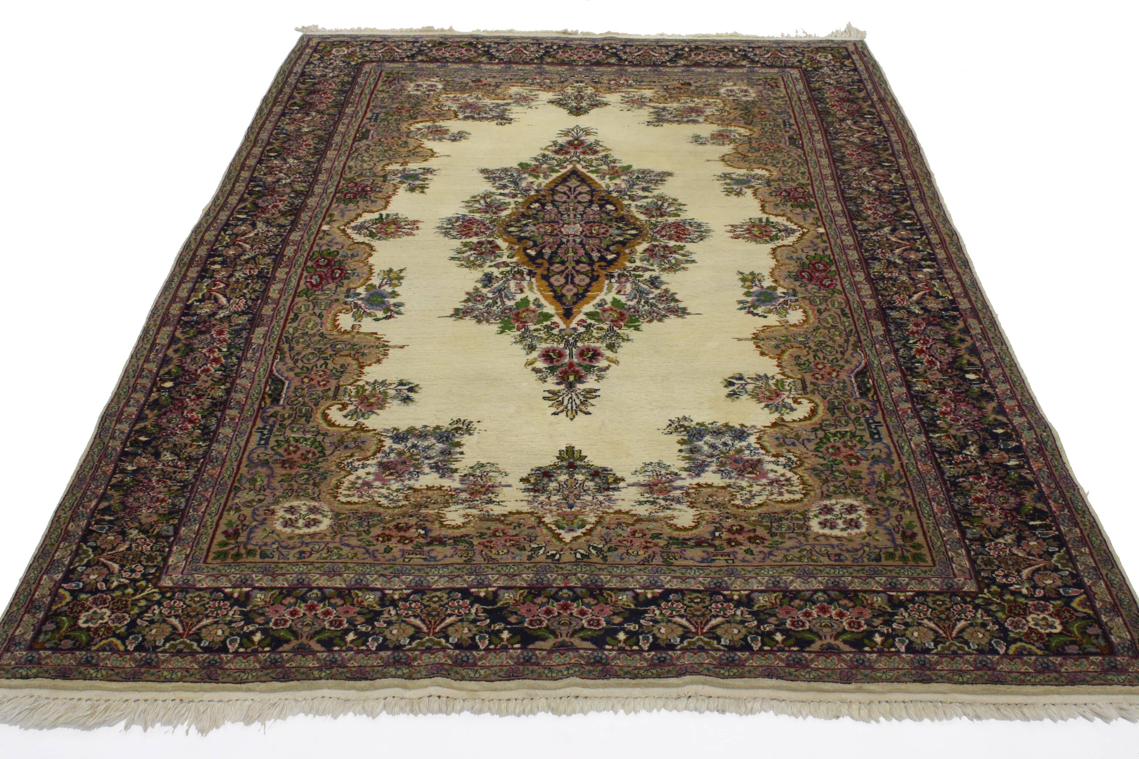 76707 Vintage Kerman Rug with French Victorian Style 04'11 x 07'02. Multi-color leaves and flowers abound in this beautiful vintage Kerman rug. This French Victorian-era style Kirman carpet is a stunning visual display of flowers and architectural