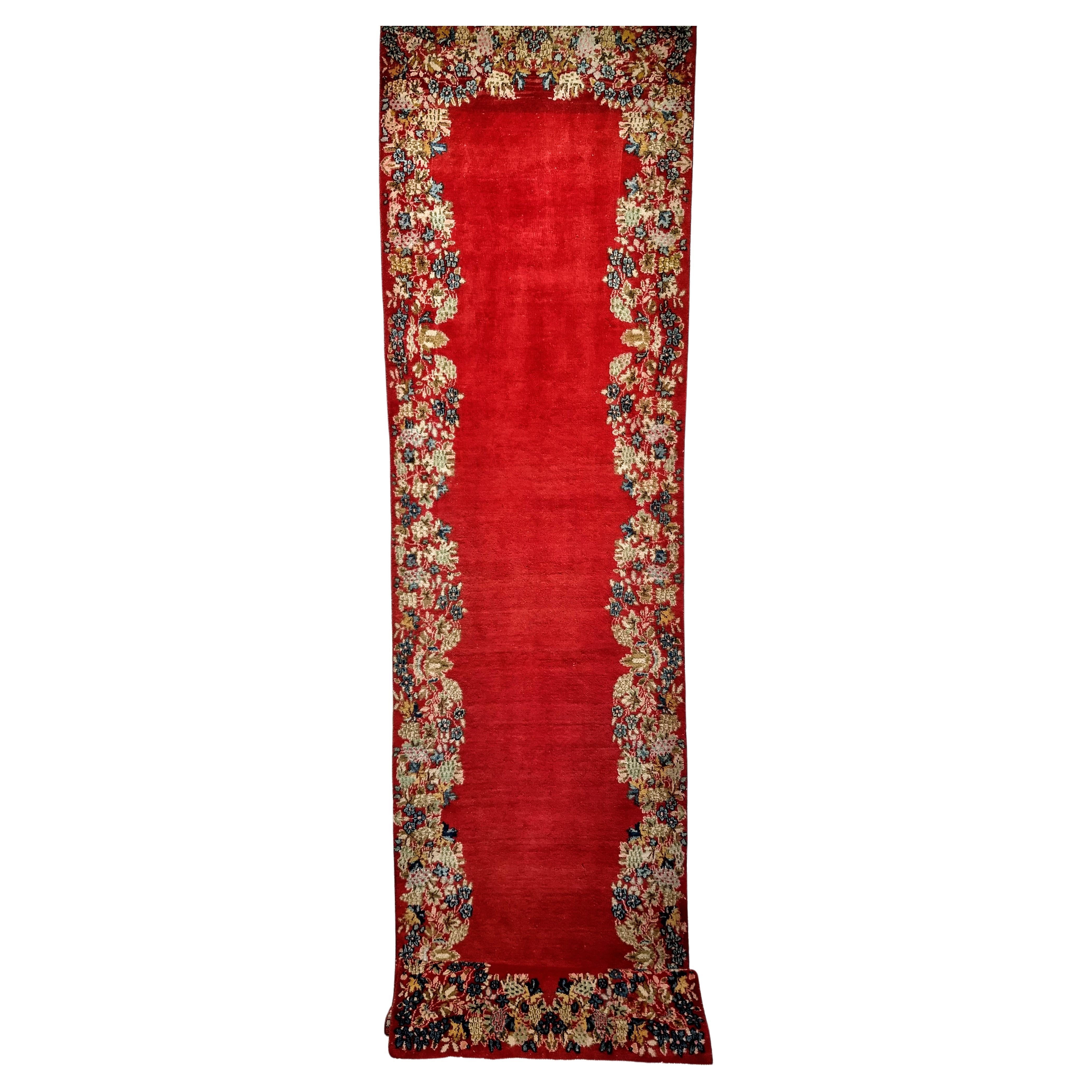 Hand-Knotted  Vintage Persian Kerman Runner in Floral Design in Red, Yellow, Green, Blue For Sale