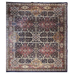 Retro Kerman Style Room Size Rug in Navy, Black, Burgundy, Ivory, Gold, Brown