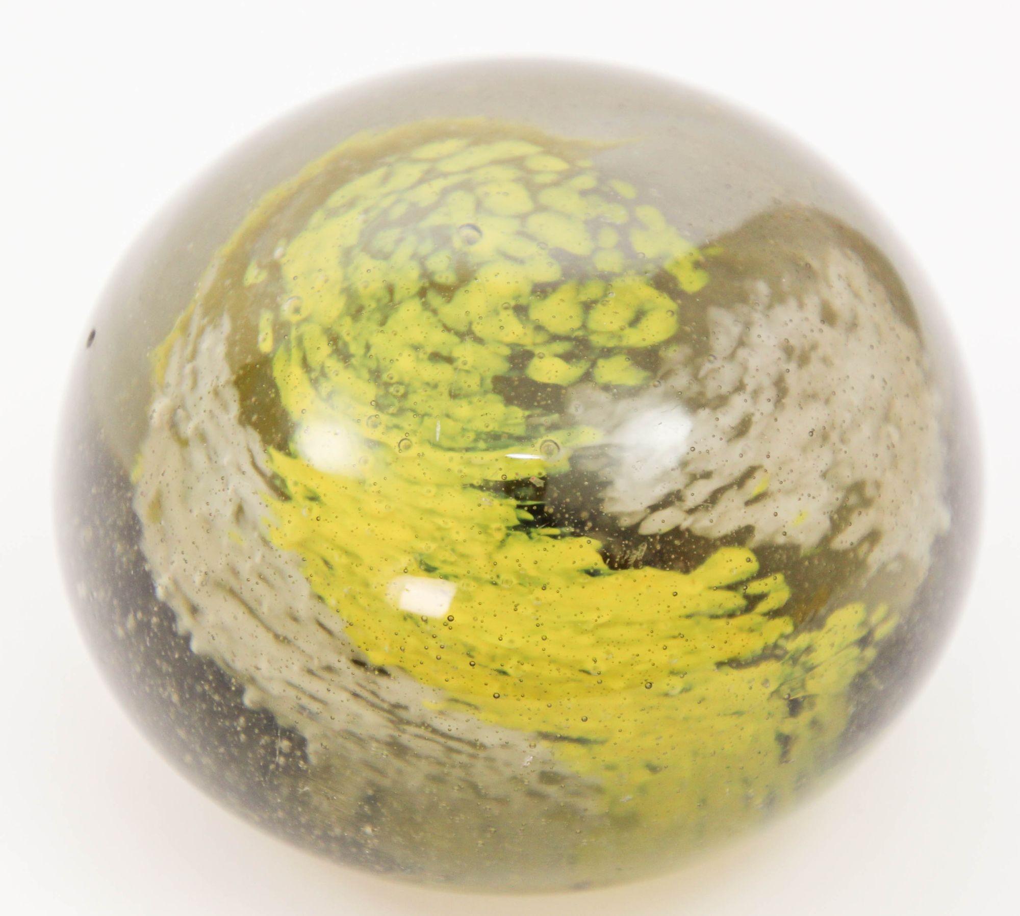 Irish Vintage Kerry Art Glass Paperweight Hand Blown in Olive Green and Yellow Colors For Sale