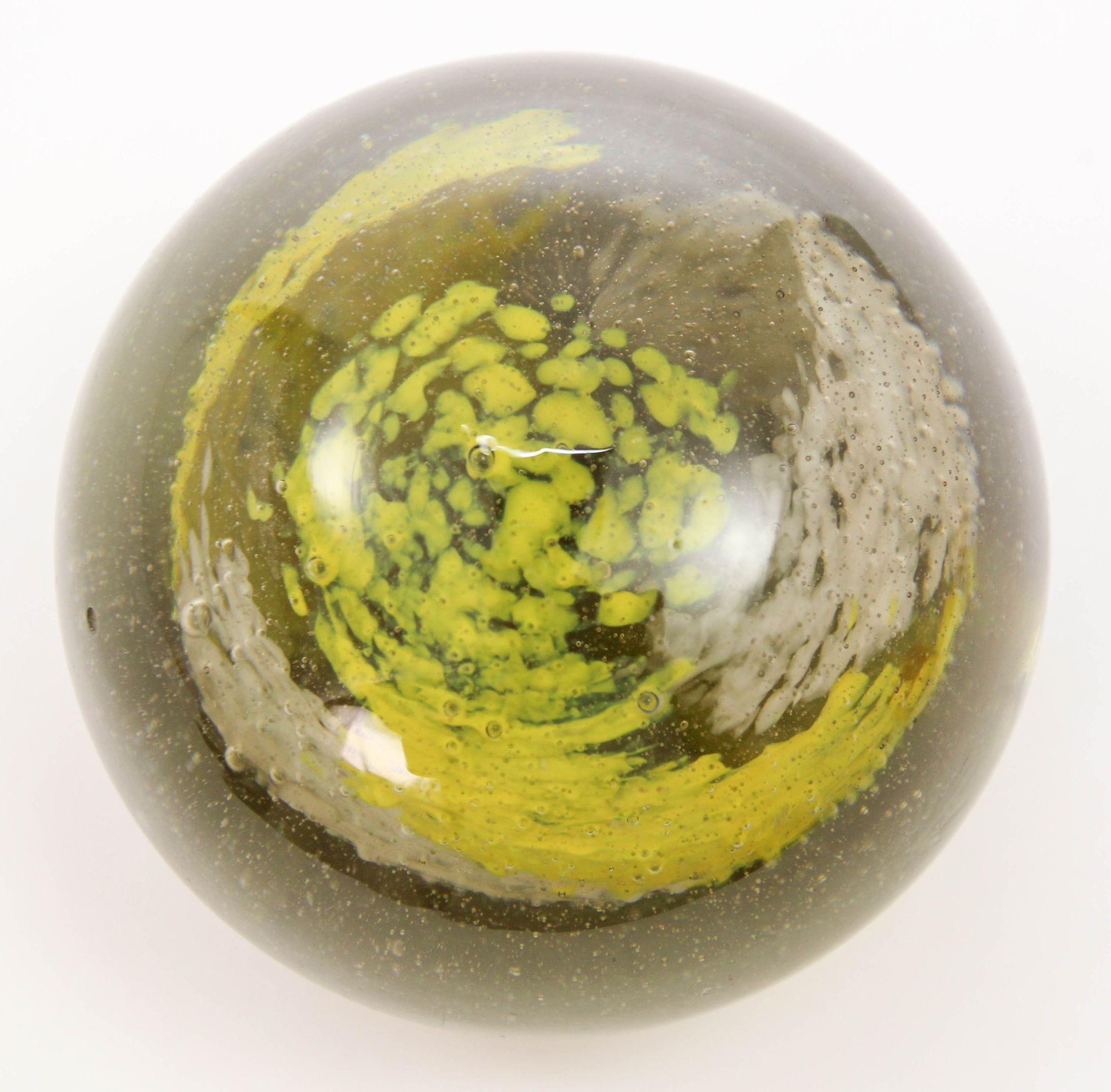 Hand-Crafted Vintage Kerry Art Glass Paperweight Hand Blown in Olive Green and Yellow Colors For Sale