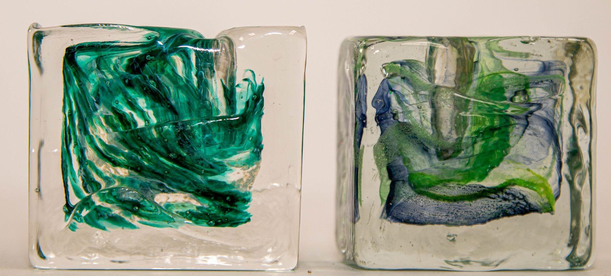 Hand-Crafted Vintage Kerry Irish Art Glass Ice Block Votive Candle Holders a Pair For Sale