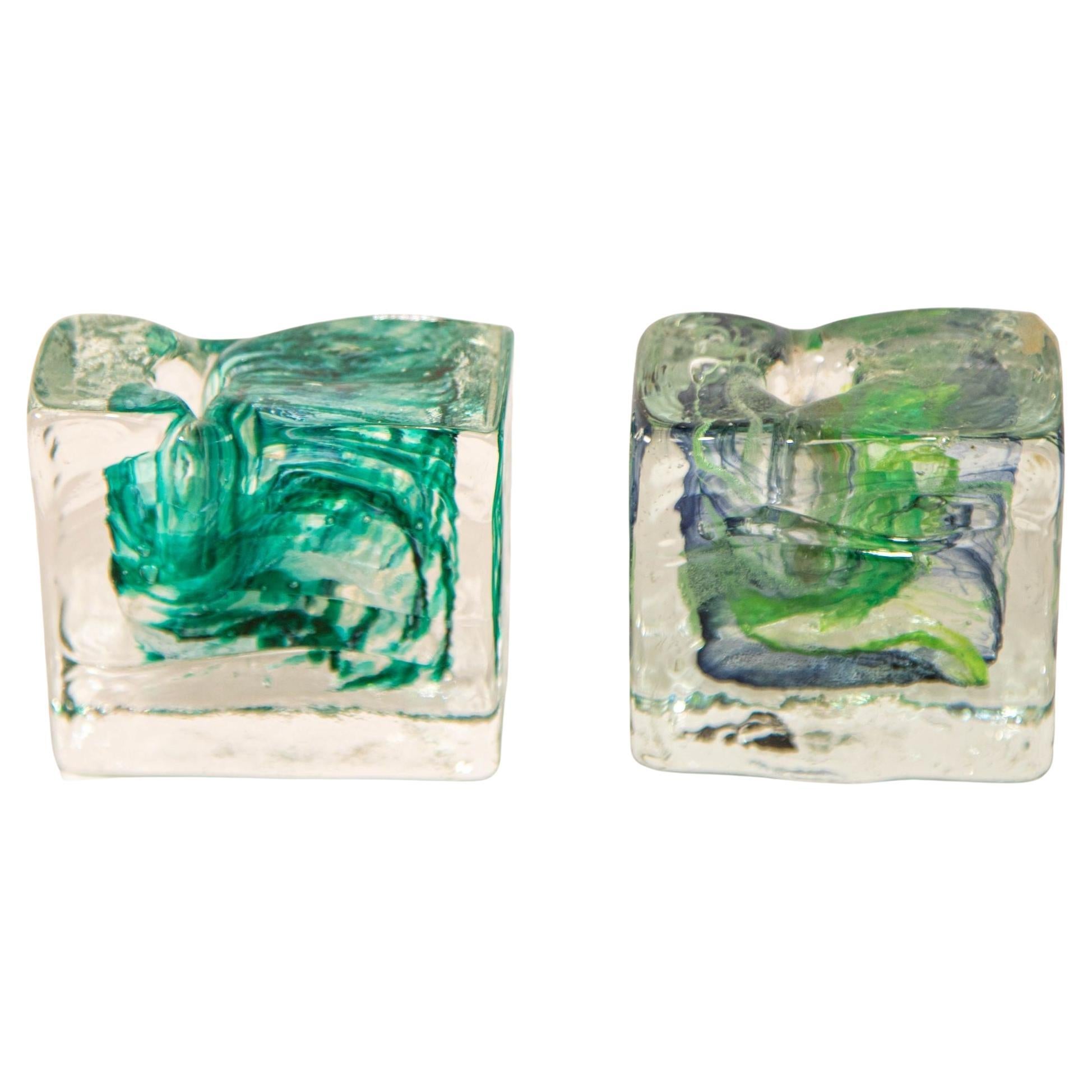 Vintage Kerry Irish Art Glass Ice Block Votive Candle Holders a Pair For Sale