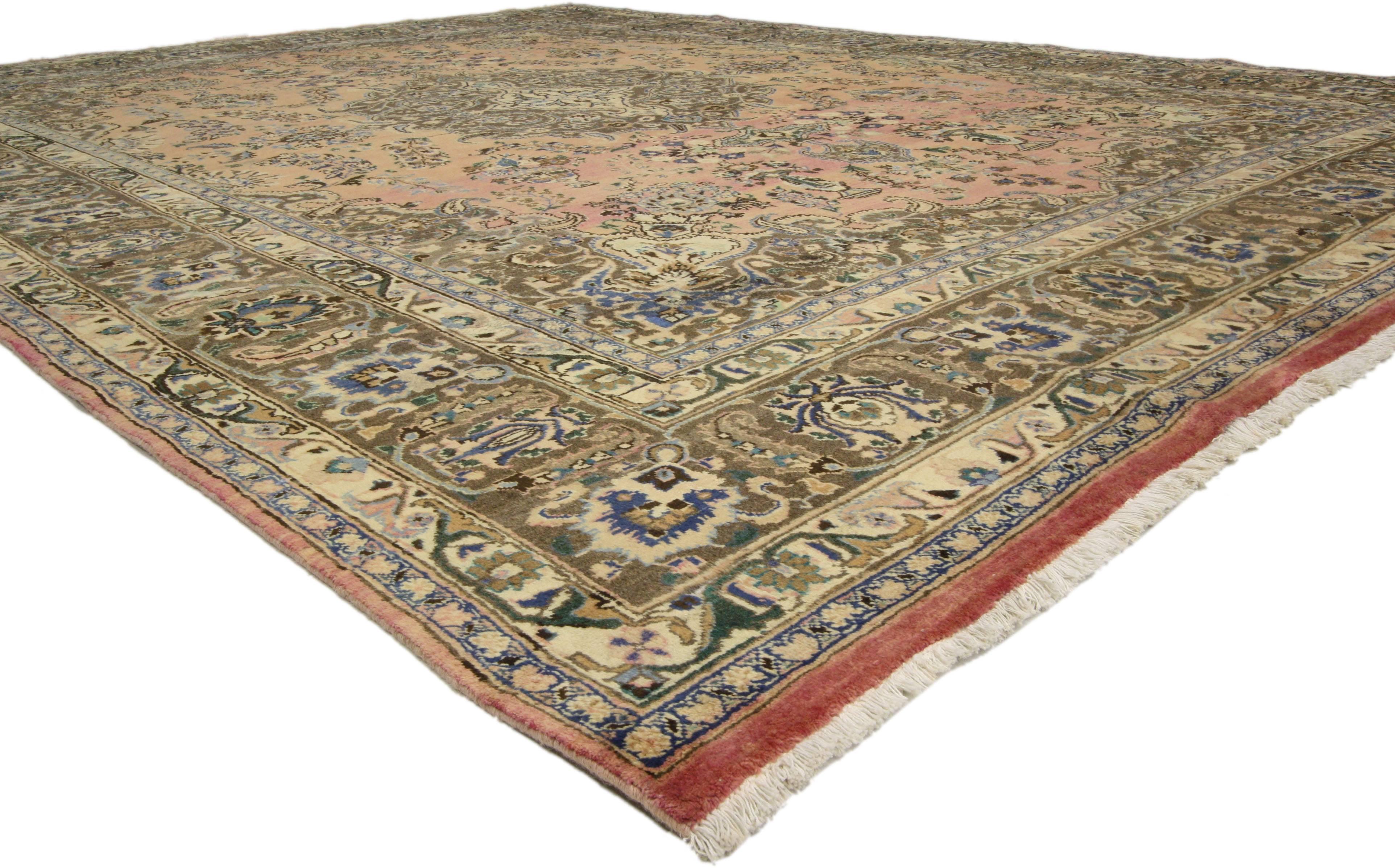 76411 Vintage Khorassan Persian Rug with Traditional Style 09'08 x 13'00. Vintage Khorassan Persian rug featuring an ornate center medallion and geometric motifs in an abrashed field. The intricate border creates a sense of balance with the