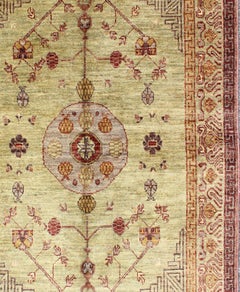 Vintage Khotan Rug with Central Medallion in Soft Sage Green and Golden Honey