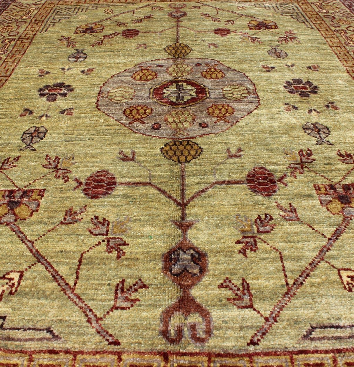 Hand-Knotted Vintage Khotan Design Rug with Circular Medallion on Light Pistachio Green For Sale
