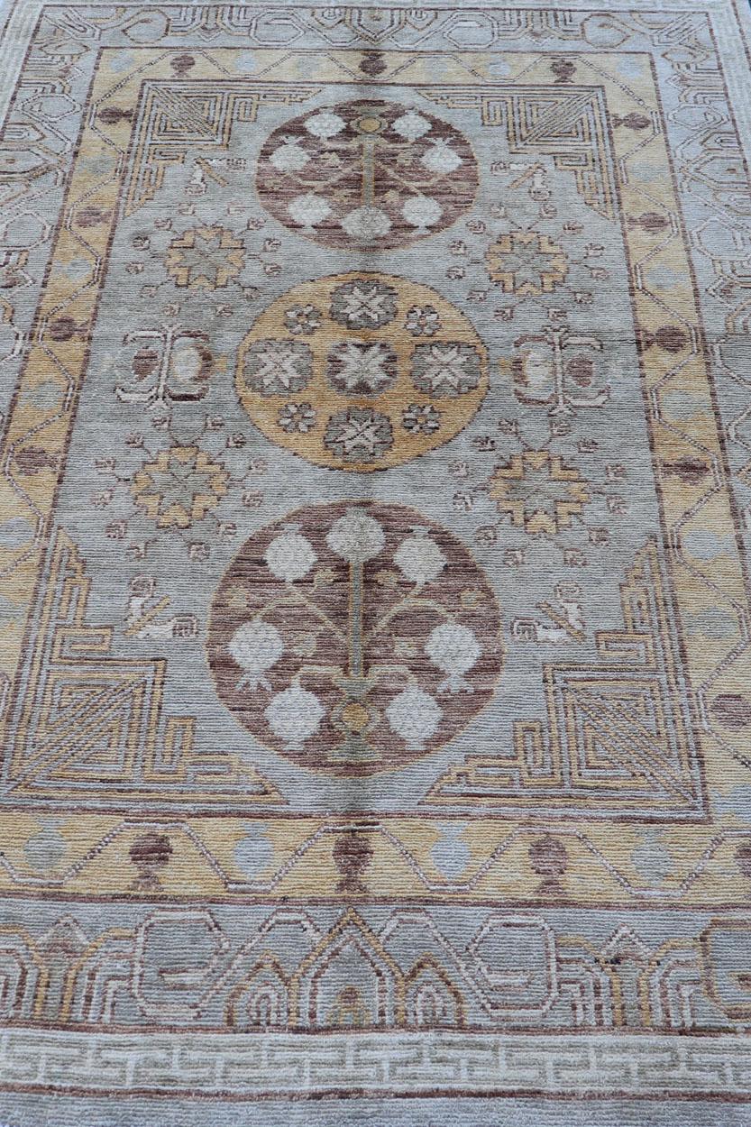 Vintage Khotan Design Rug with Three Medallion Pattern in Light Blue-Green For Sale 2