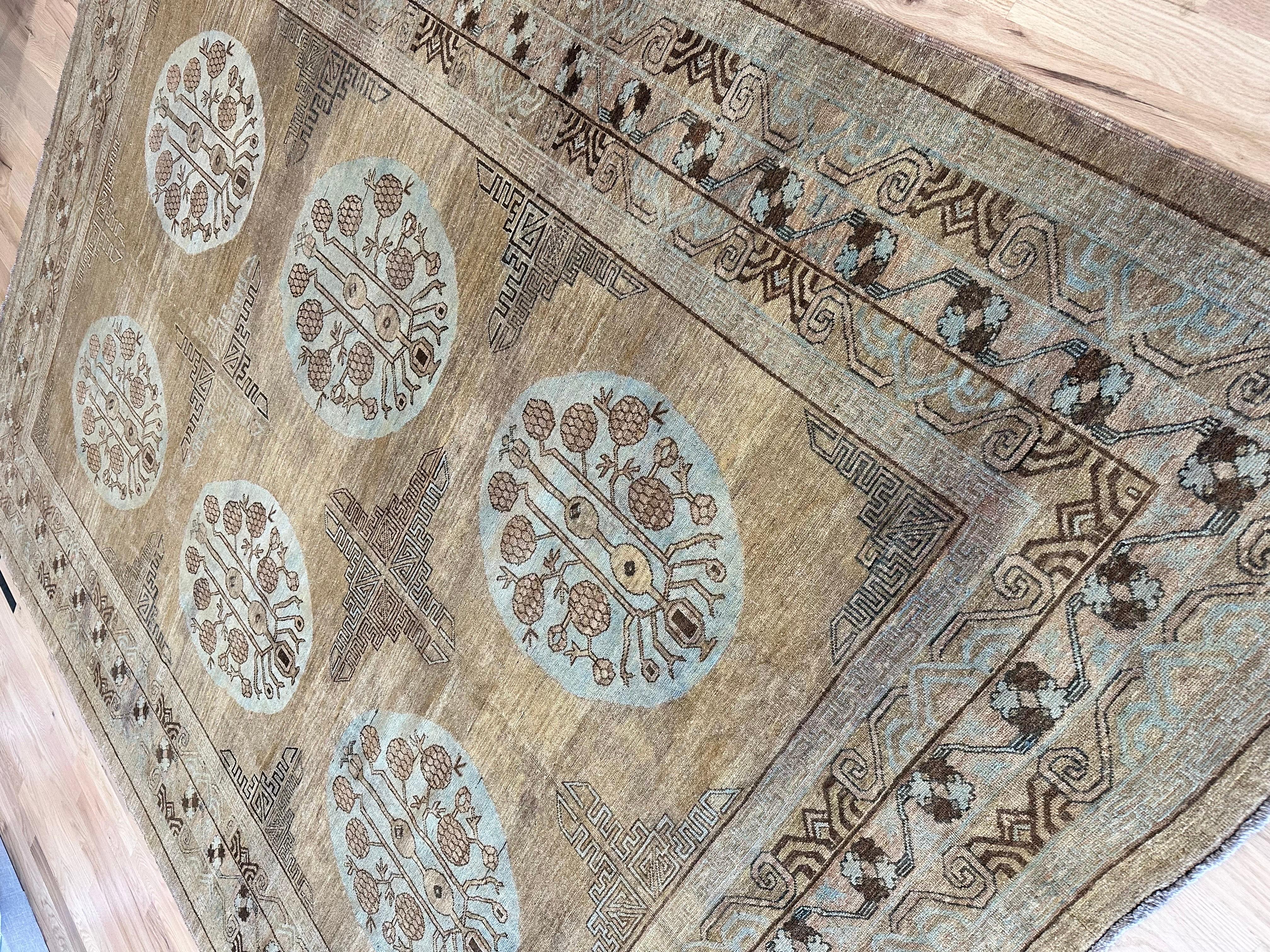 Vintage Khotan Rug, Handmade Oriental Rug, Light Blue, Caramel, Brown, Gray For Sale 4