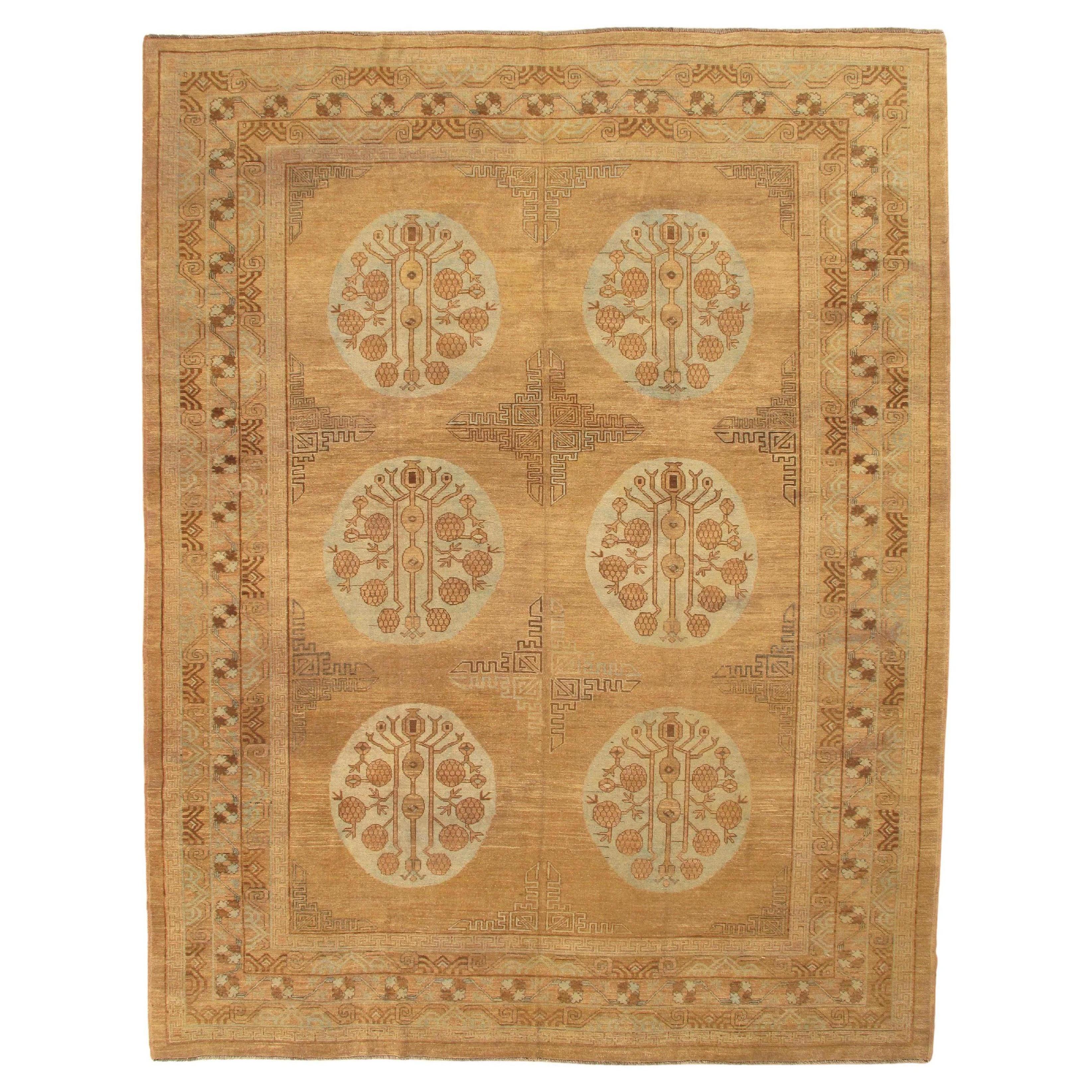 Vintage Khotan Teppich, Handgefertigter Orientteppich, Hellblau, Karamell, Braun, Grau