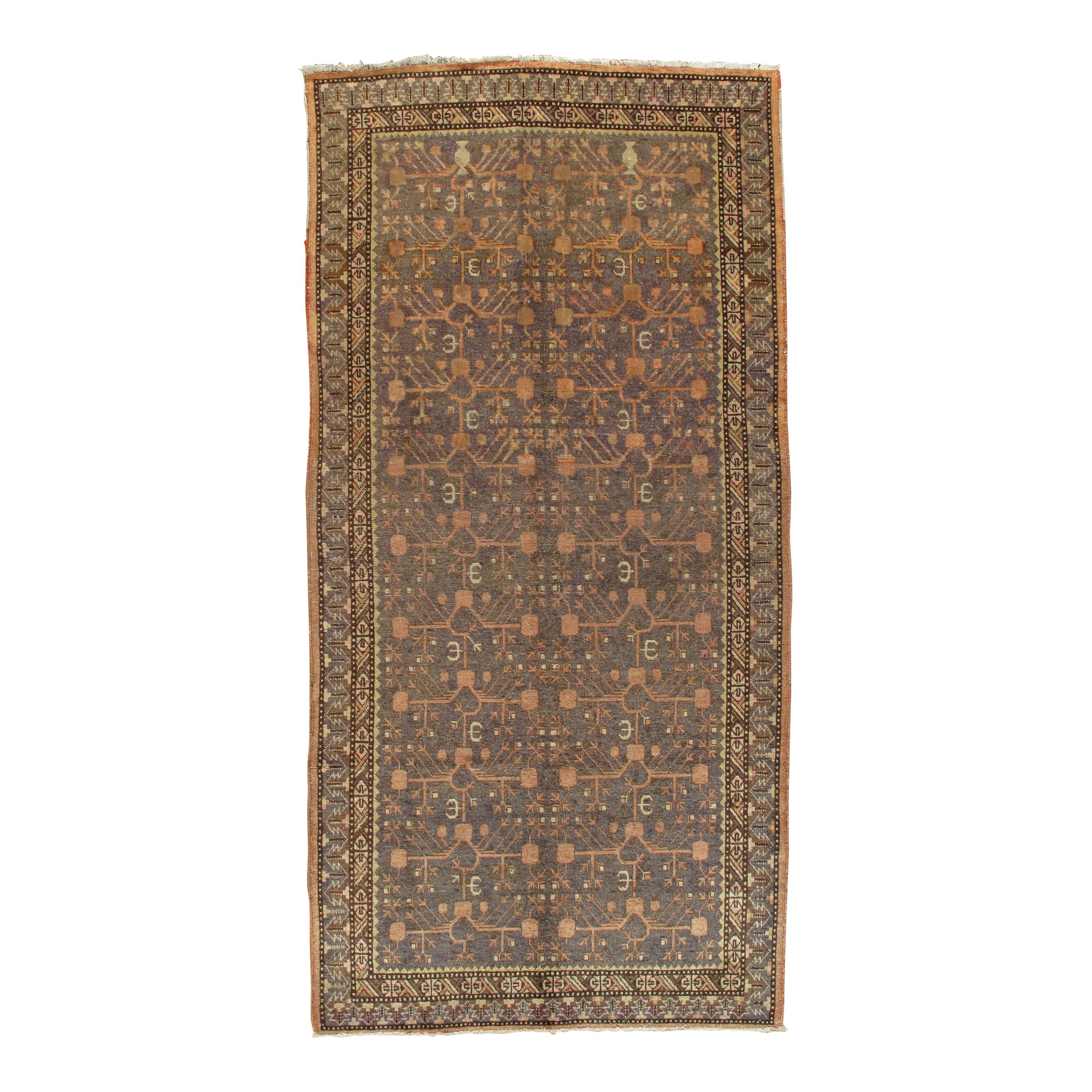 Tapis Khotan vintage, tapis oriental fait main, souple résille, beige, marron, gris charbon