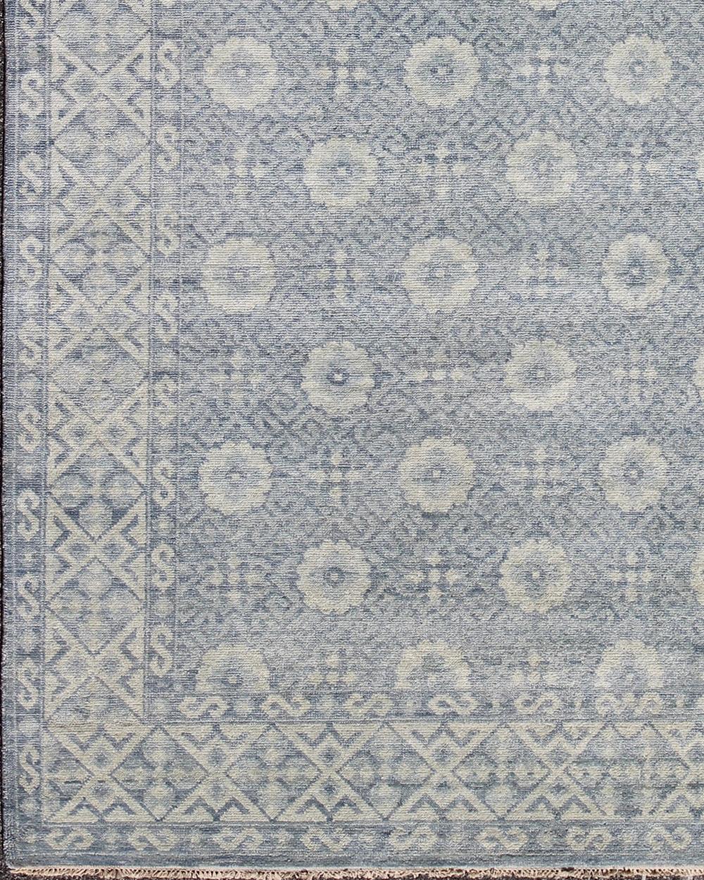 Indian Vintage Khotan Rug in Off White and Blue by Keivan Woven Arts  9'2 x 12'1
