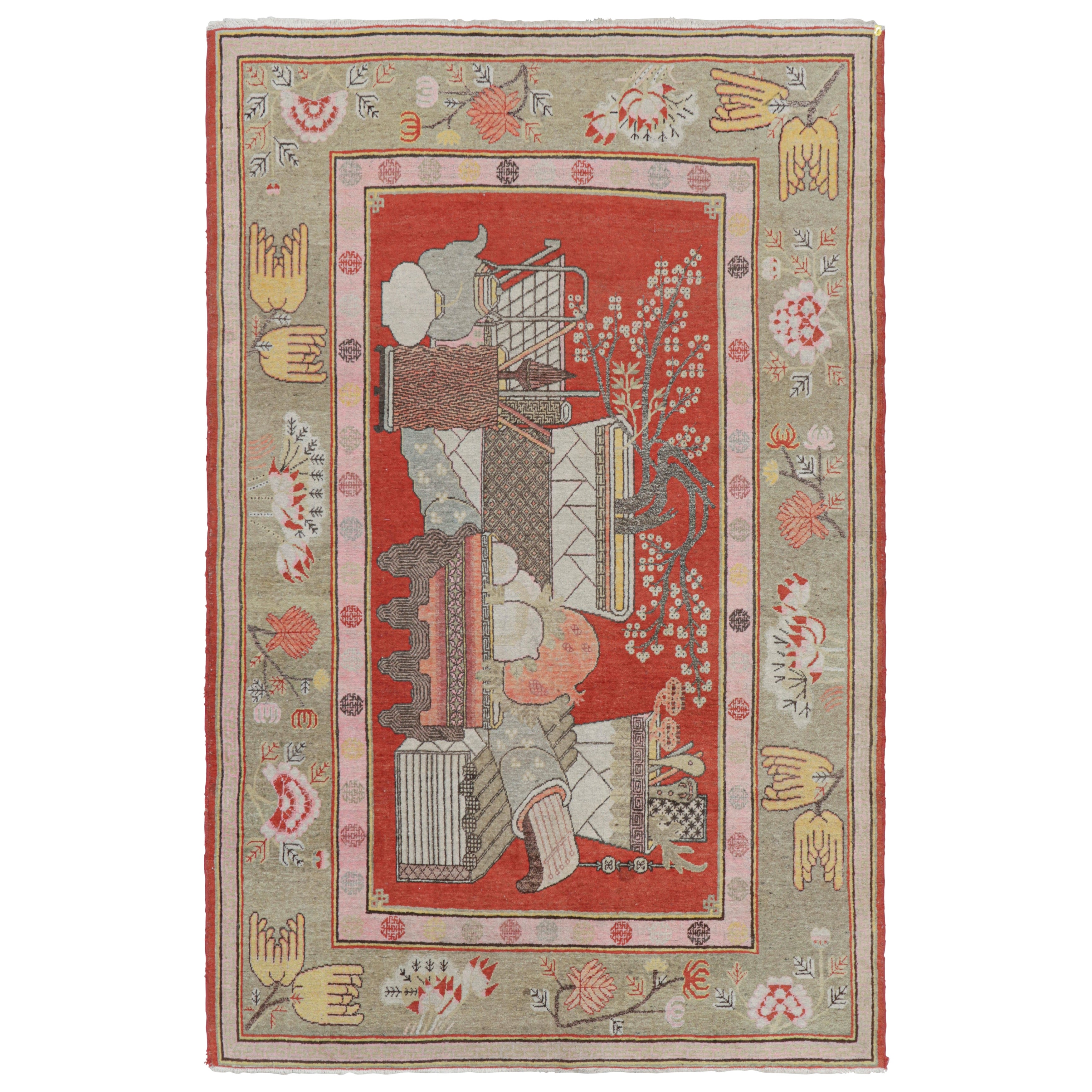 Tappeto Khotan vintage rosso con raro disegno pittorico - Rug & Kilim in vendita