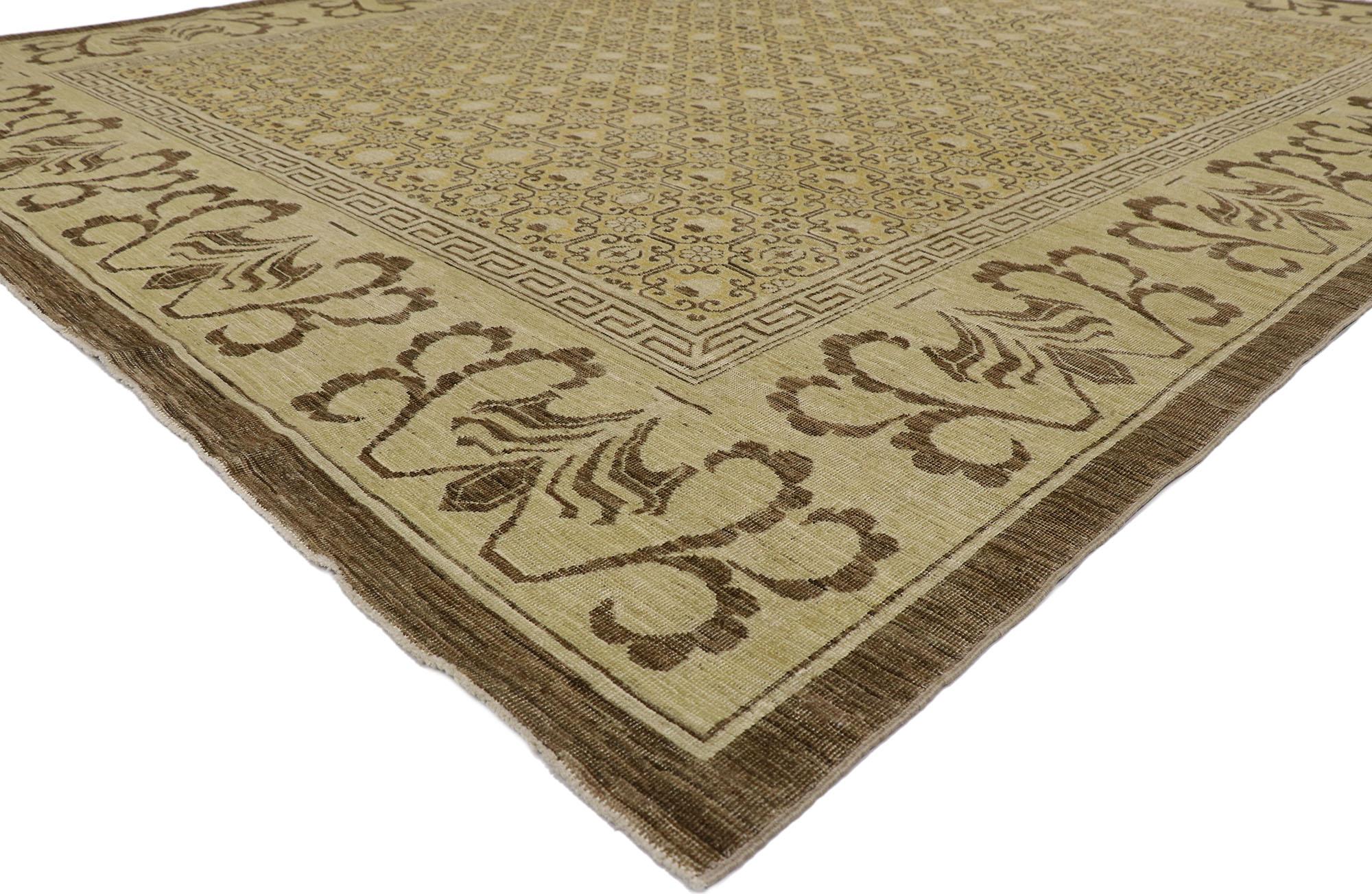 78154 distressed vintage Khotan rug with Modern Rustic style 09'04 x 11'11. Cleverly composed and poised to impress with its rustic sensibility, this hand knotted wool distressed vintage Pakistani Khotan rug will take on a curated lived-in look that
