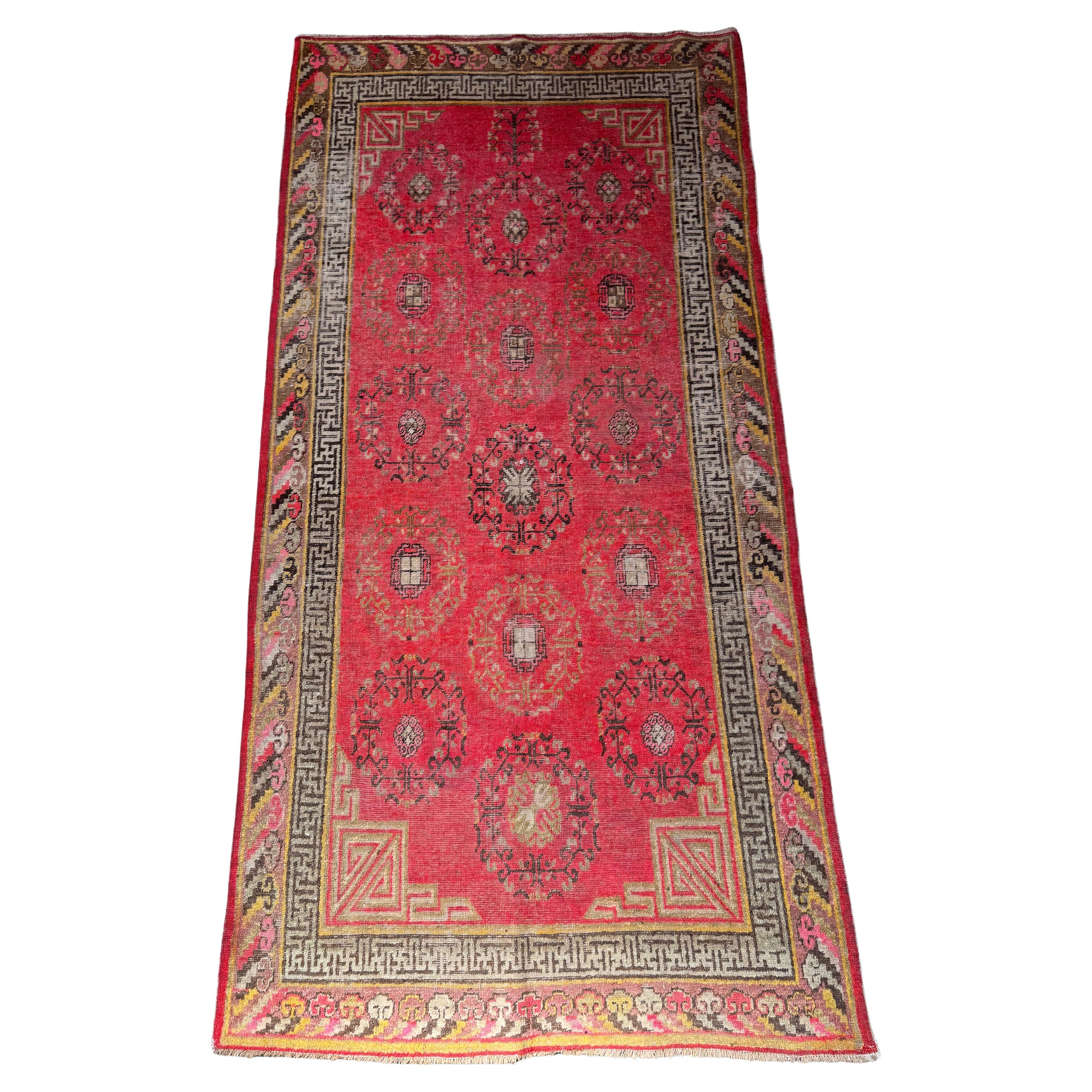 Vintage Khotan Samarkand Rug in Red With Medallion Motif 8'8" X 4'4"