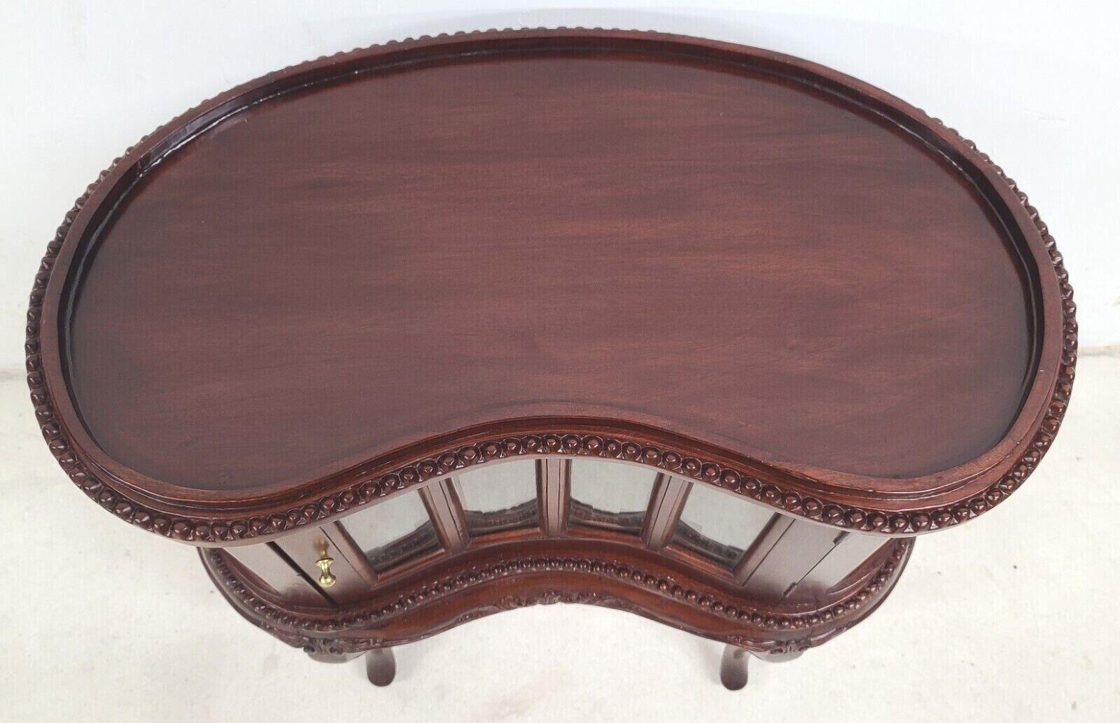 Brass Vintage Kidney Shaped Mahogany Dry Bar with Serving Tray