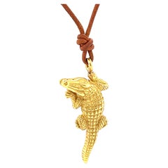 Vintage Kieselstein Cord 18 Karat Gold Leather Cord Alligator Necklace