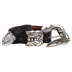 Cintura vintage KIESELSTEIN-CORD in lucertola nera con fibbia in argento sterling con custodia