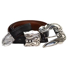 Cinturón vintage Kieselstein-Cord de lagarto negro con hebilla de plata de ley y guarda