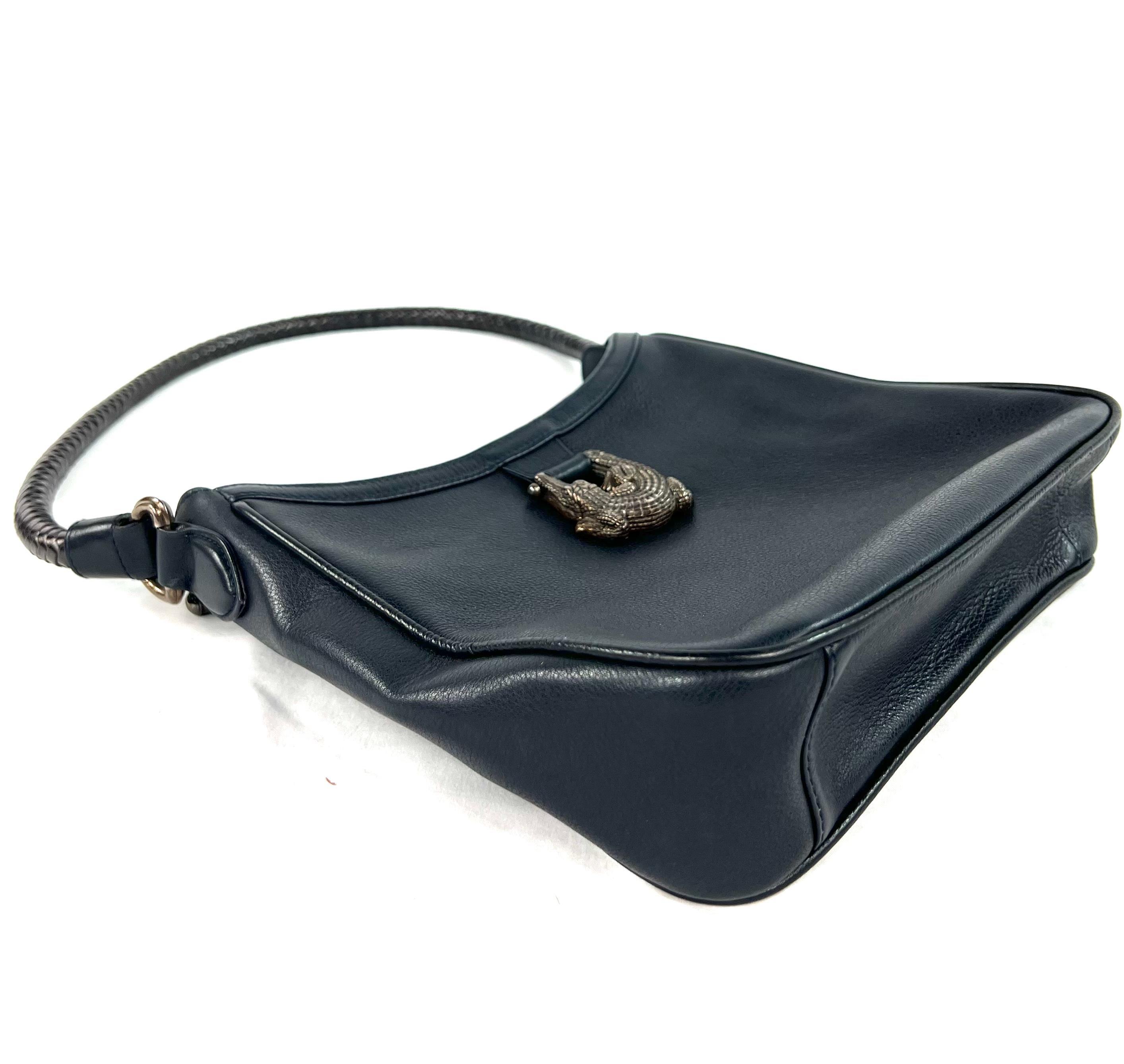 Vintage Kieselstein-Cord Navy Leather and Sterling Silver Shoulder Small Bag For Sale 4