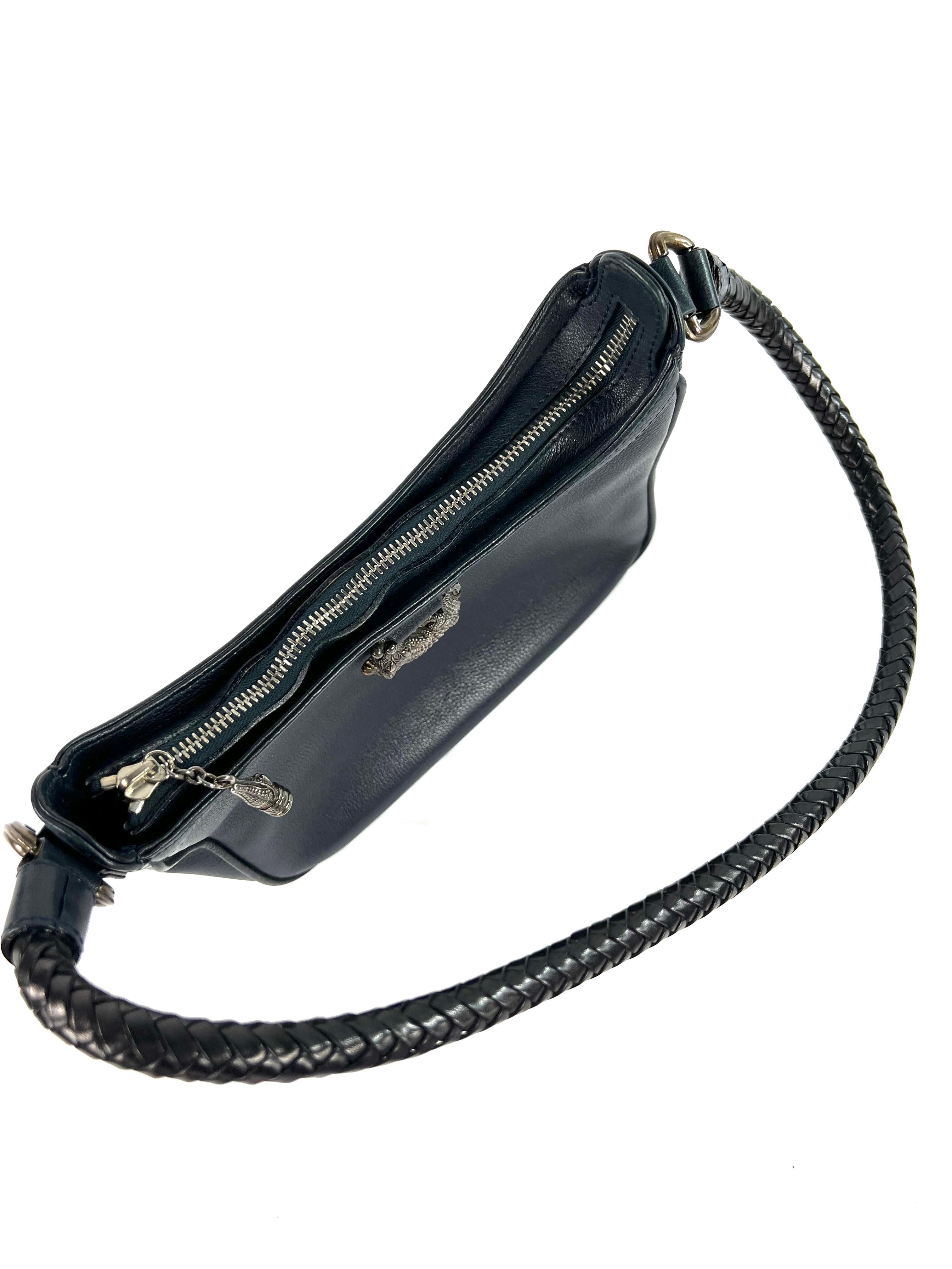 Black Vintage Kieselstein-Cord Navy Leather and Sterling Silver Shoulder Small Bag For Sale