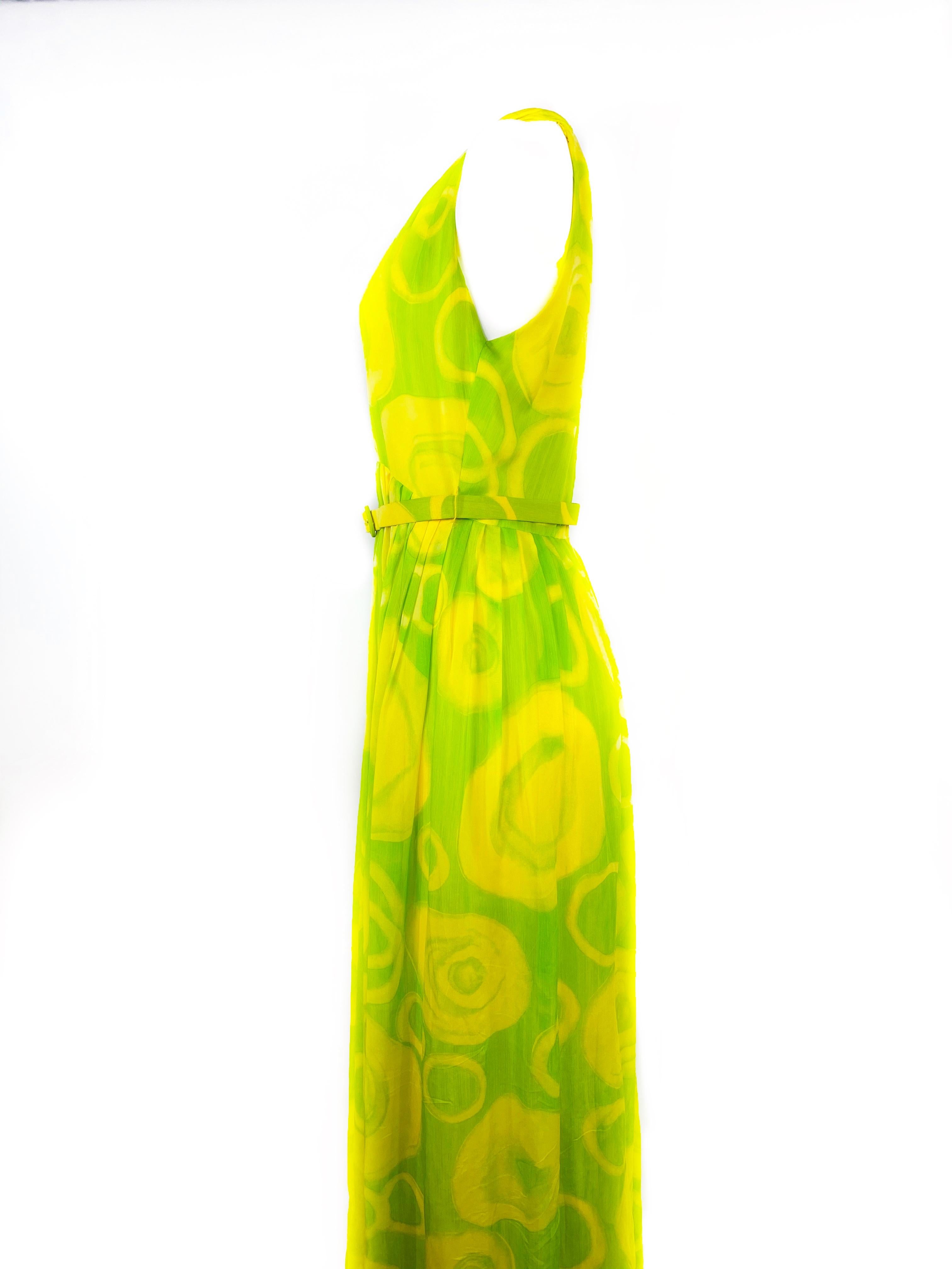 Vintage KIKI HART Yellow and Green Sleeveless Maxi Dress w/ Belt For ...