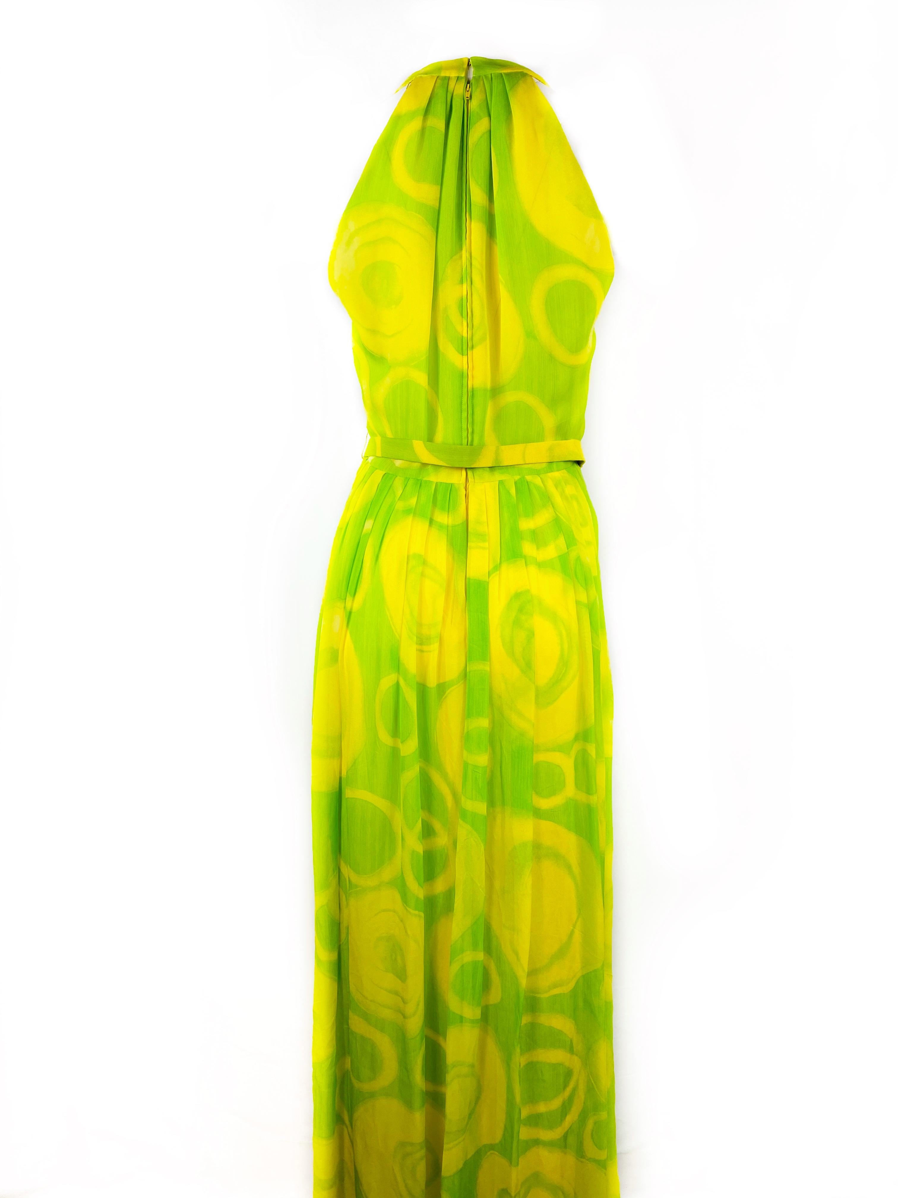 KIKI HART - Robe longue vintage sans manches jaune et verte avec ceinture  Excellent état - En vente à Beverly Hills, CA