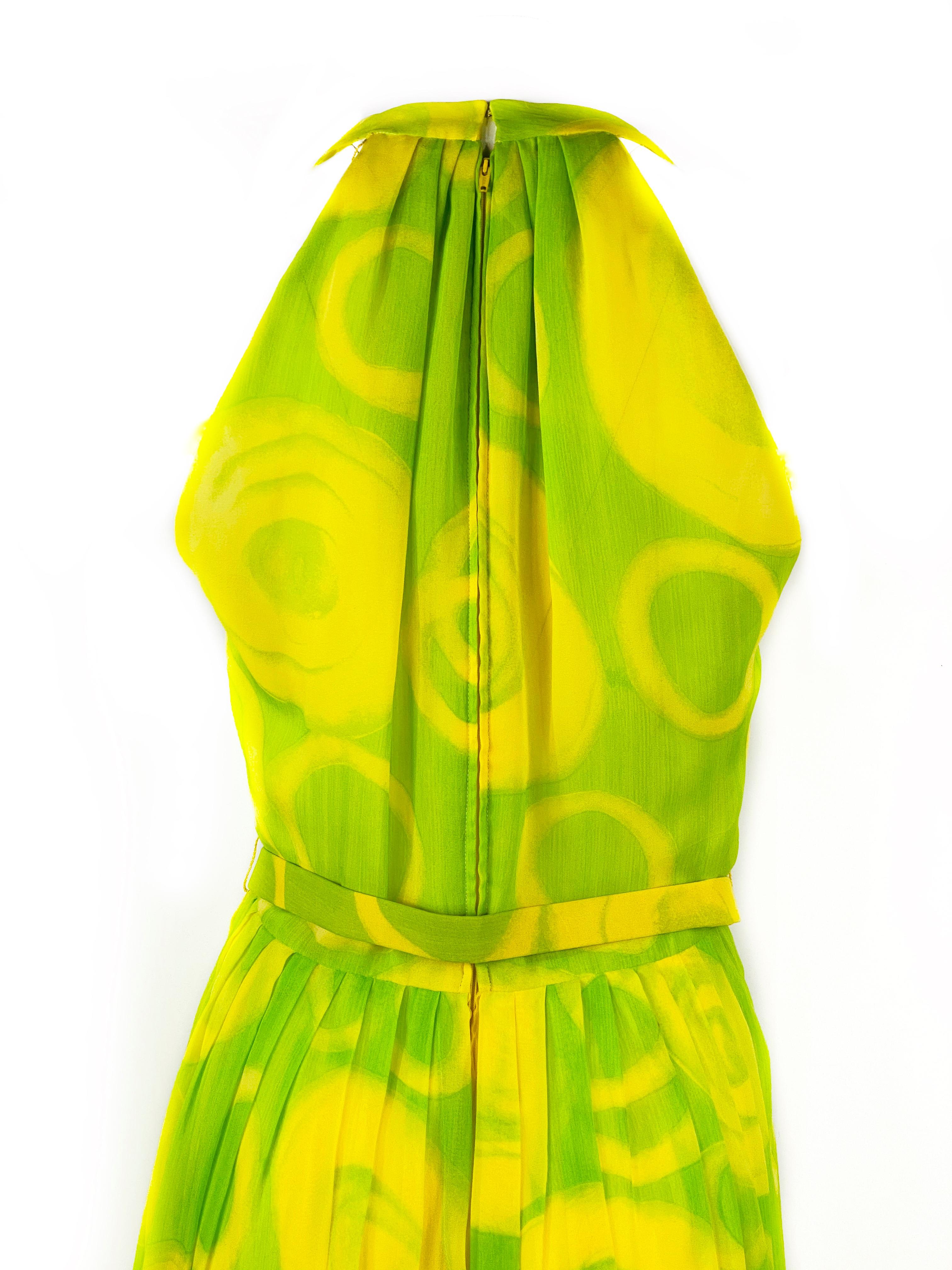 KIKI HART - Robe longue vintage sans manches jaune et verte avec ceinture  Pour femmes en vente