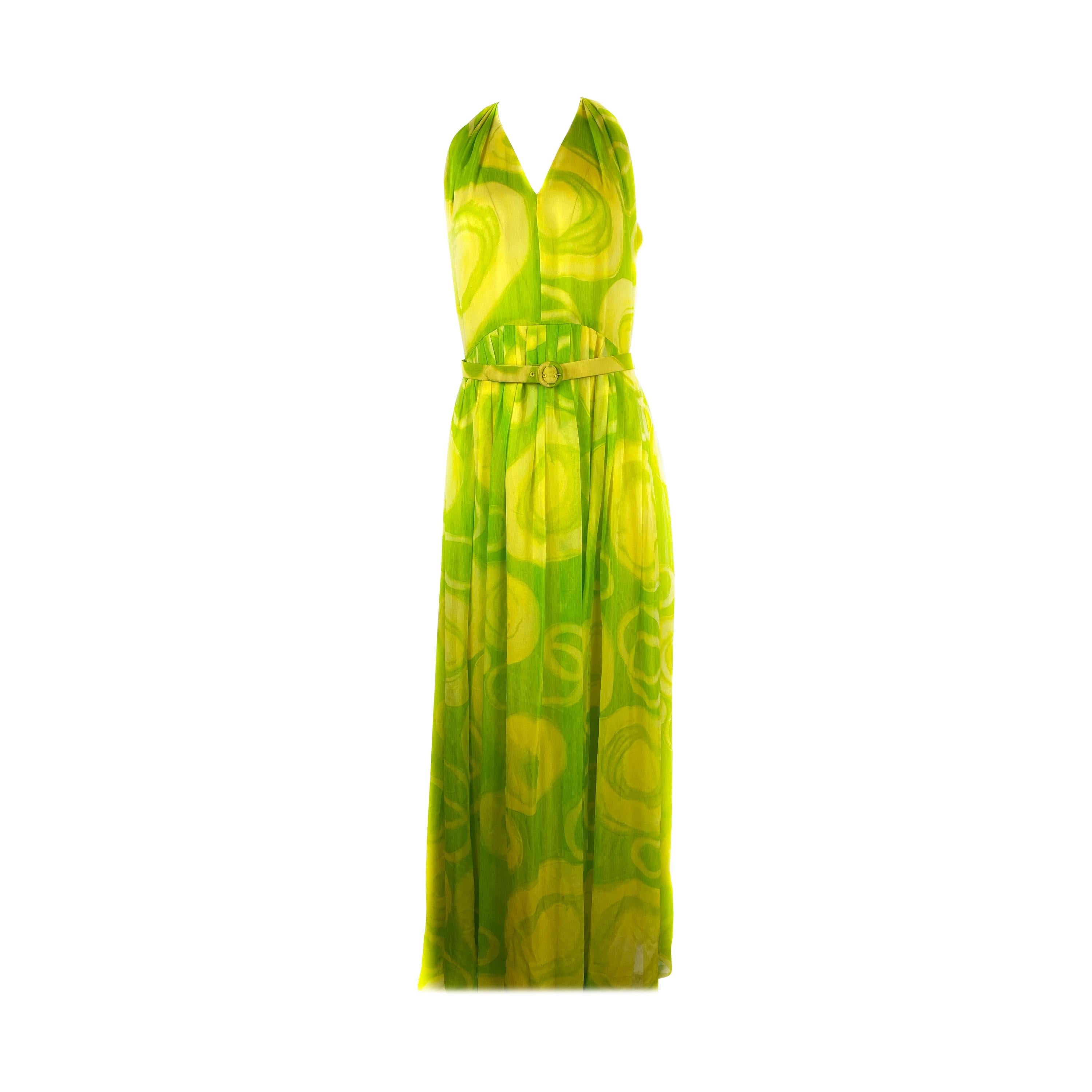 Vintage KIKI HART Yellow and Green Sleeveless Maxi Dress w/ Belt  For Sale