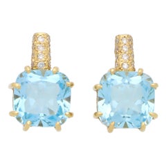 Vintage Kiki McDonough Blue Topaz and Diamond Stud Earrings in 18k Yellow Gold