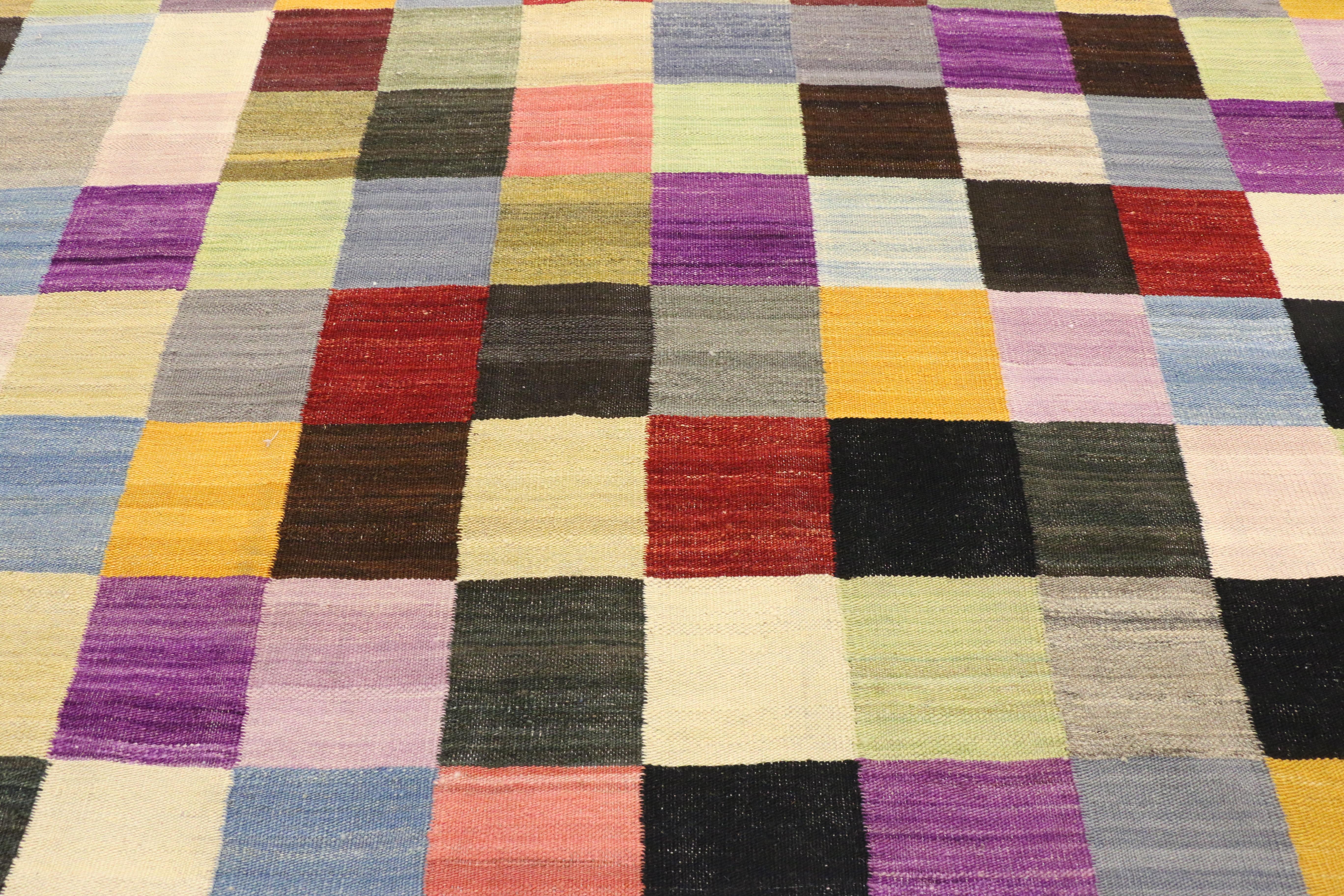 Afghan Vintage Checkered Flatweave Carpet, Midcentury Modern Meets Cubist Style For Sale