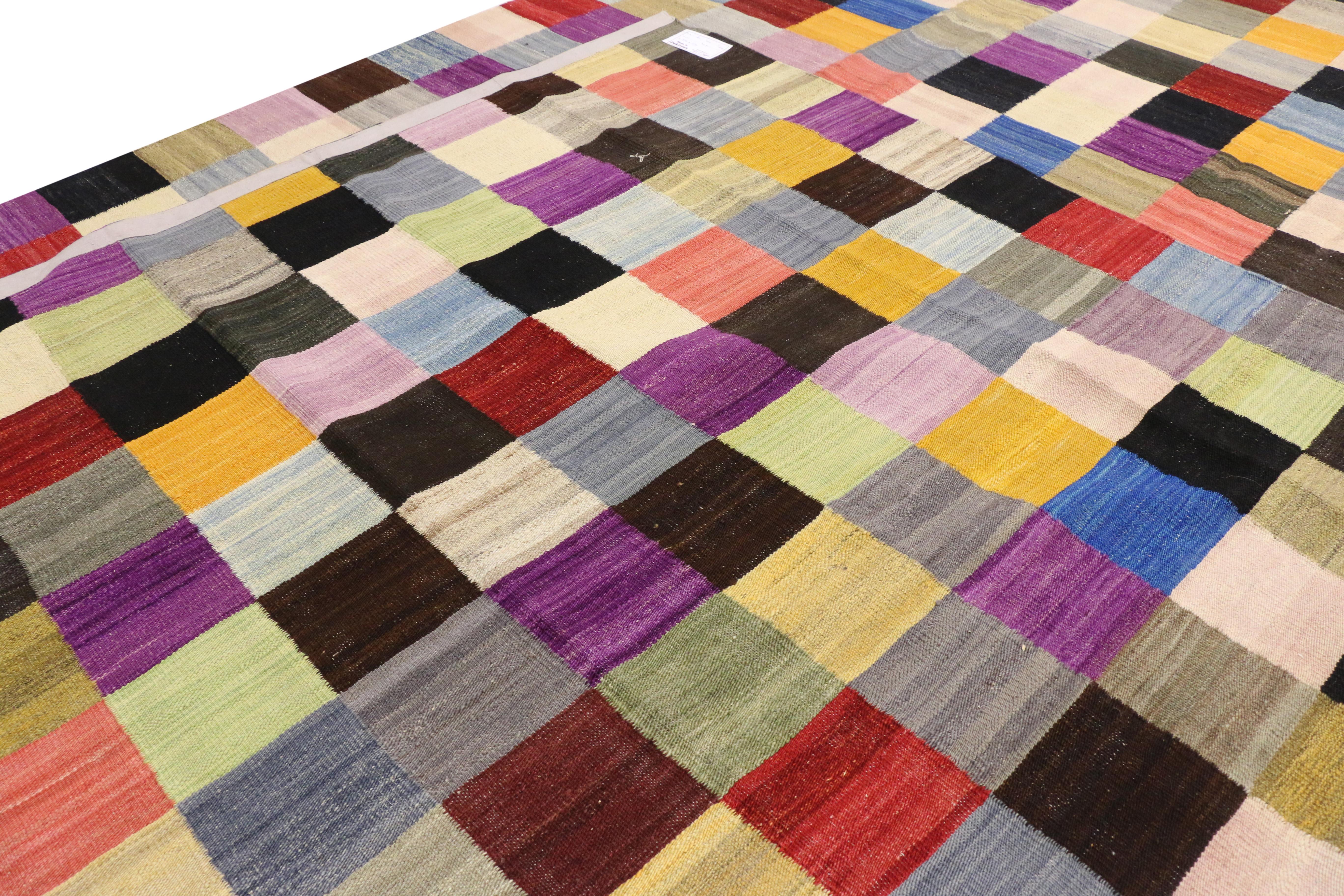 Hand-Woven Vintage Checkered Flatweave Carpet, Midcentury Modern Meets Cubist Style For Sale