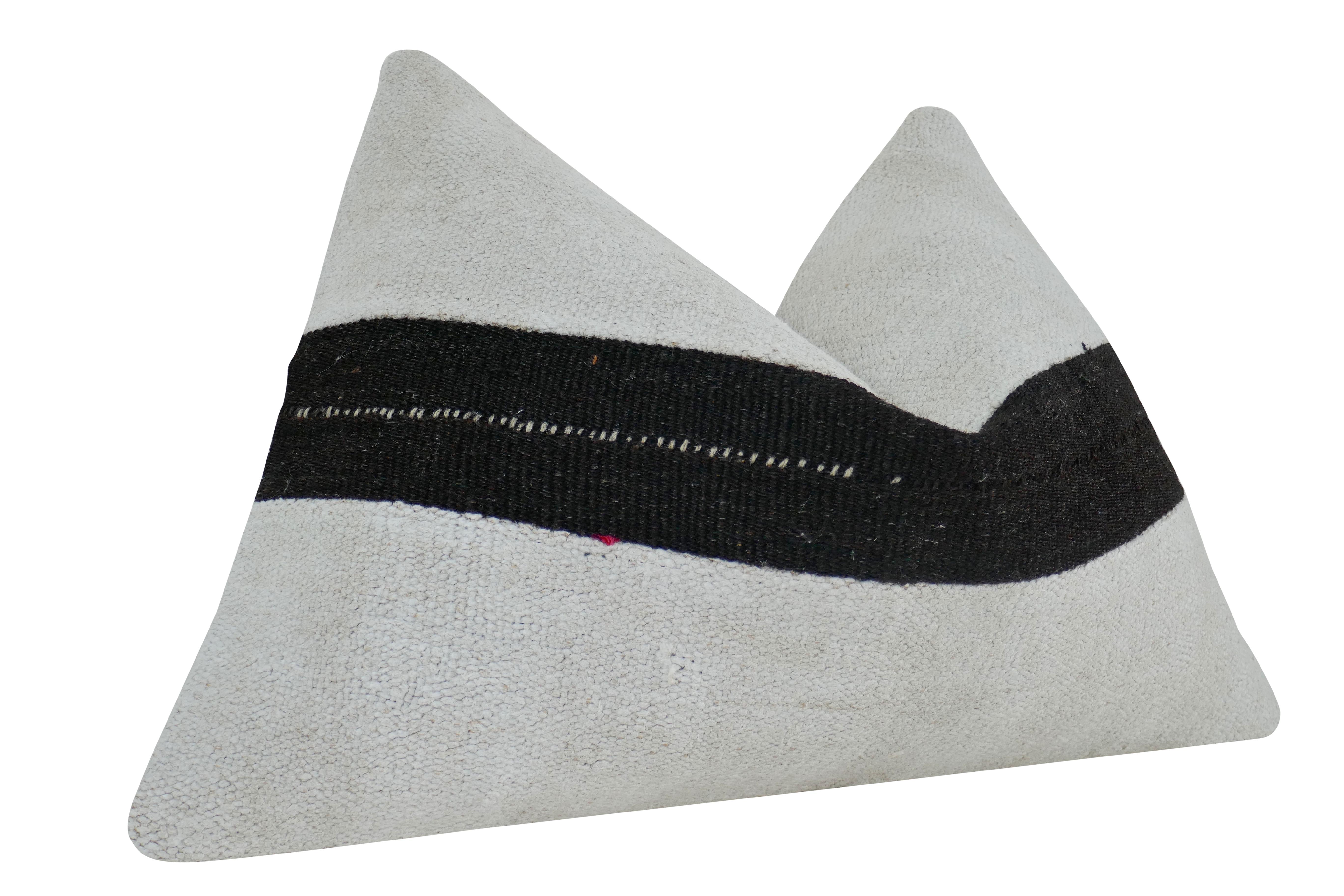 Vintage Kilim Berber Tribal Hemp & Wool Pillow. Authentic handwoven heavy textural natural organic hemp & wool in natural & black tone. Paired with our luxe premium white pure linen on reverse side. Plushly filled Ultra-Plump down-and-feather insert