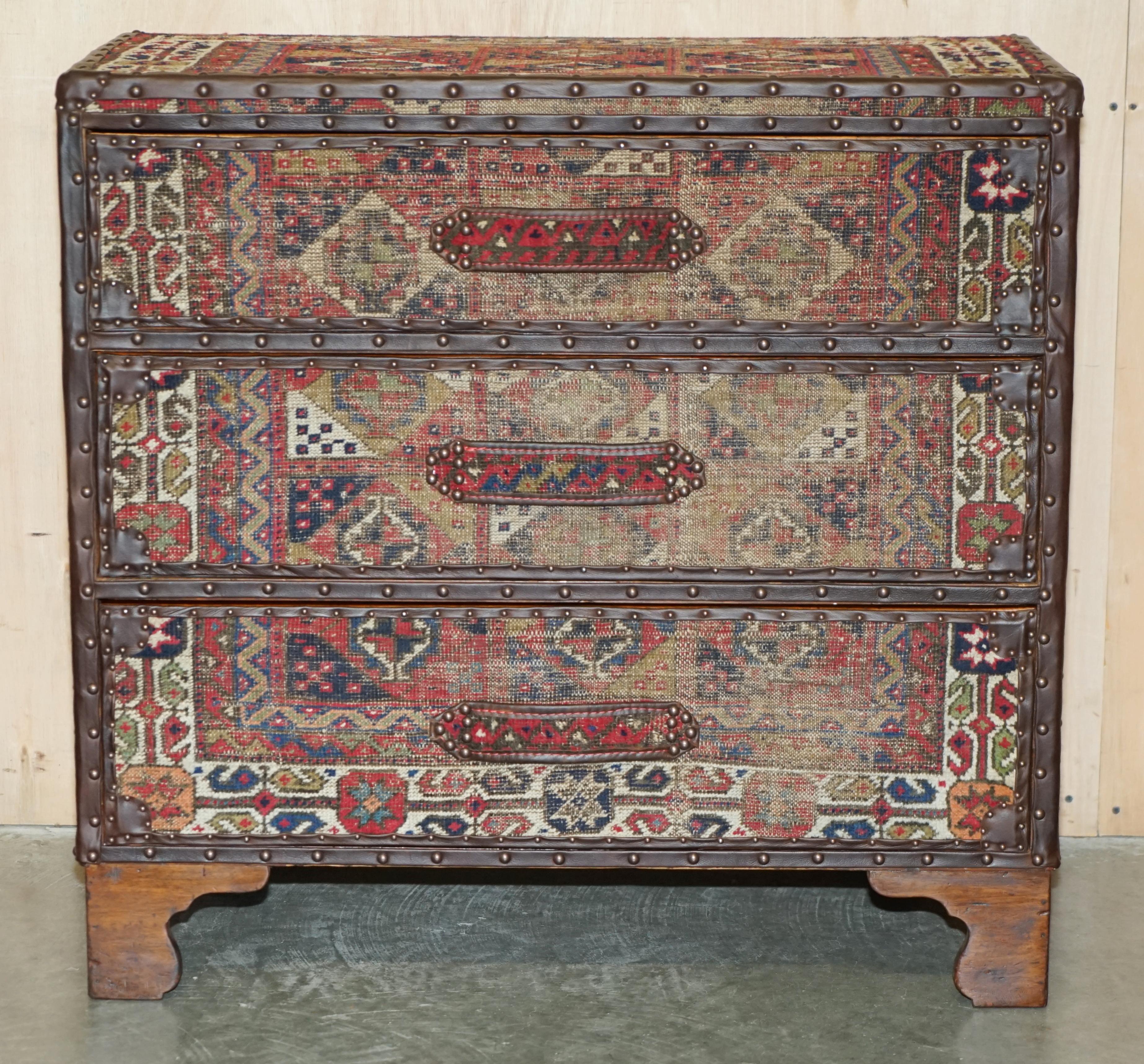 Victorian ViNTAGE KILIM & BROWN LEATHER CHEST OF DRAWERS FINISHED WITH ANTIQUE PIN NAILs For Sale