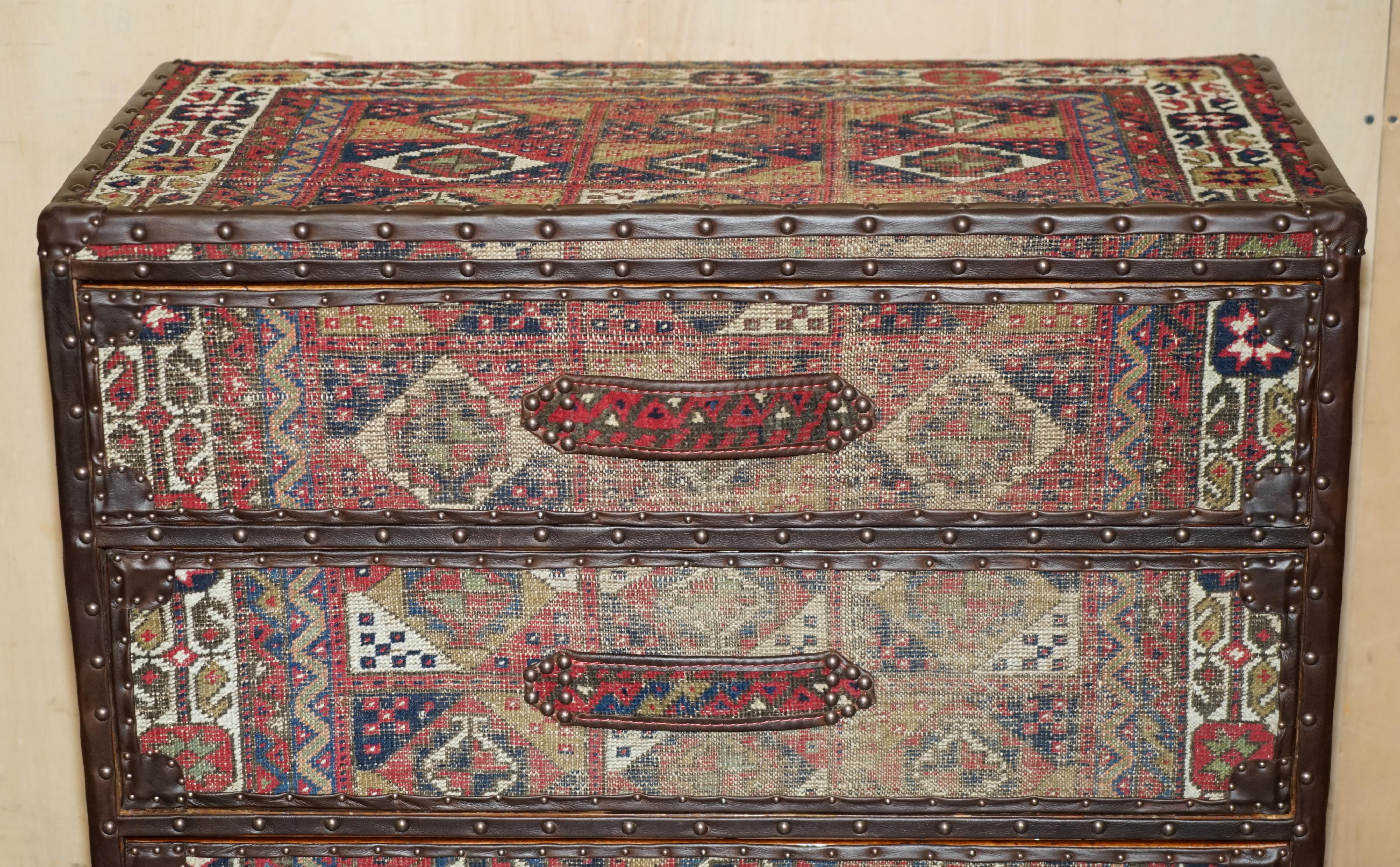 English ViNTAGE KILIM & BROWN LEATHER CHEST OF DRAWERS FINISHED WITH ANTIQUE PIN NAILs For Sale