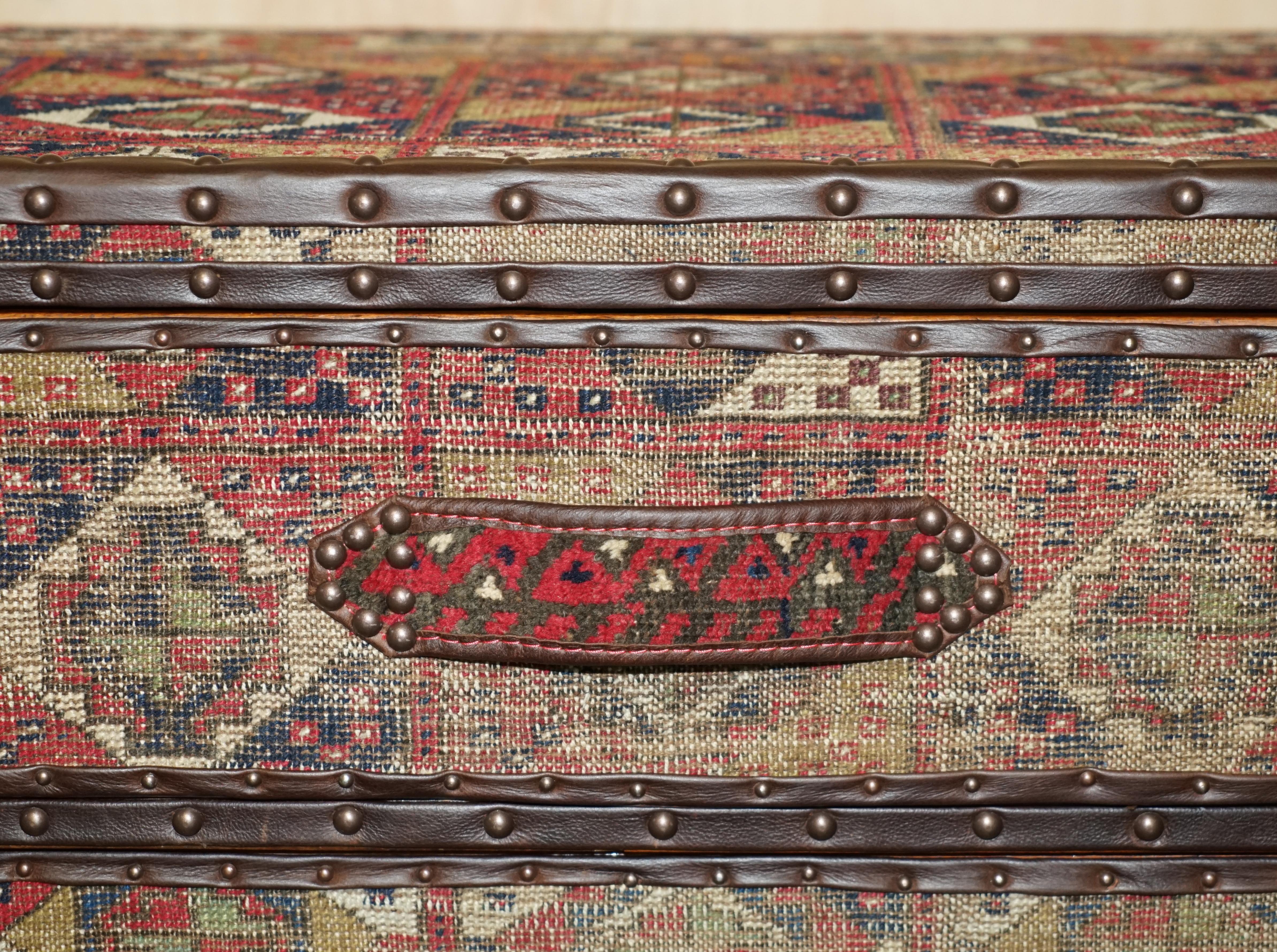 19th Century ViNTAGE KILIM & BROWN LEATHER CHEST OF DRAWERS FINISHED WITH ANTIQUE PIN NAILs For Sale
