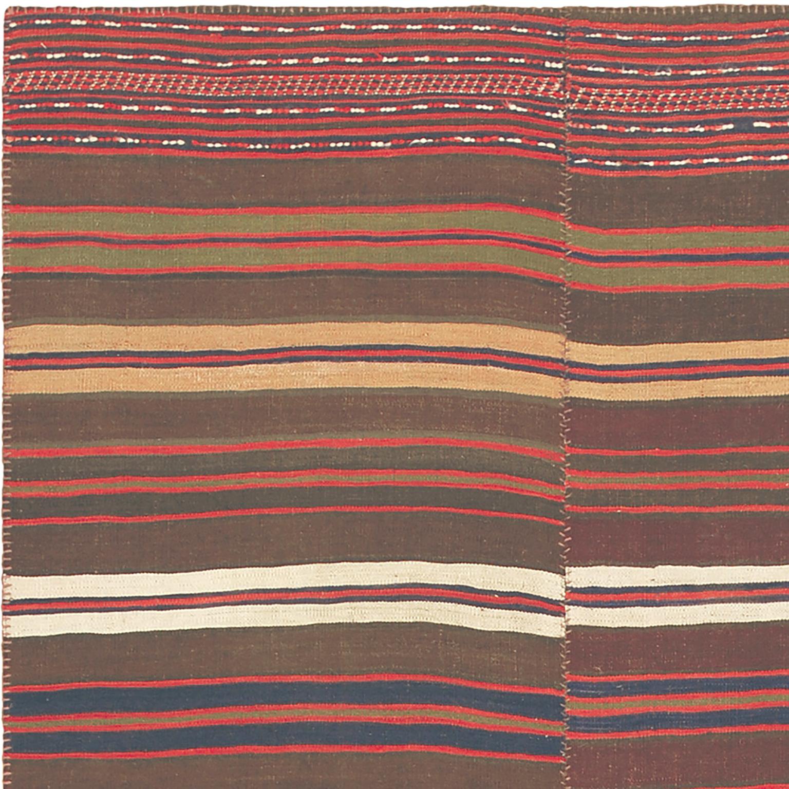 Vintage Kilim Composition composed of Persian panels. 
Brown Field with white, beige, red, blue & green stripes.