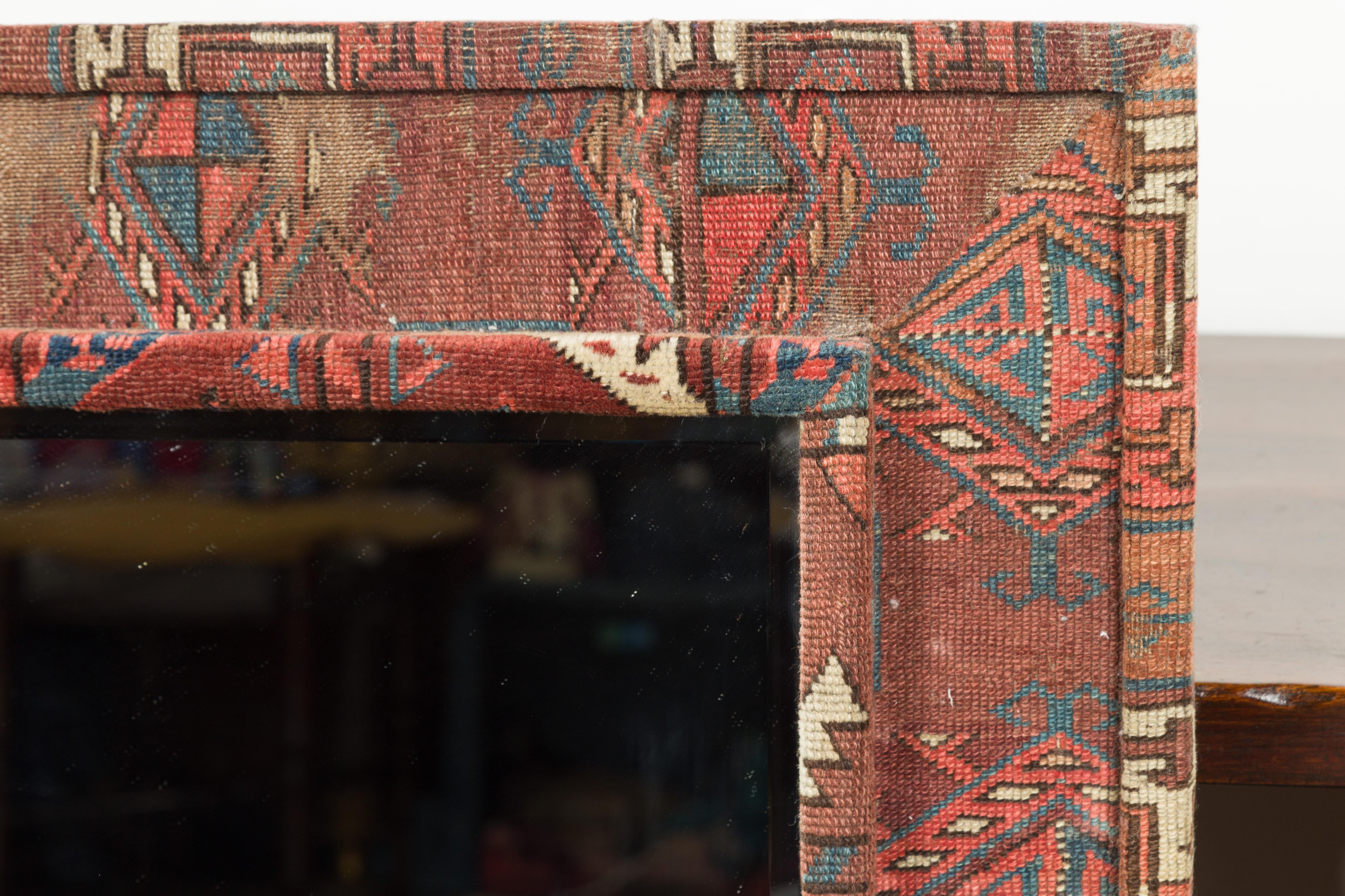 Vintage Kilim Covered Red, Blue and Beige Rectangular Mirror with Beveled Glass 4