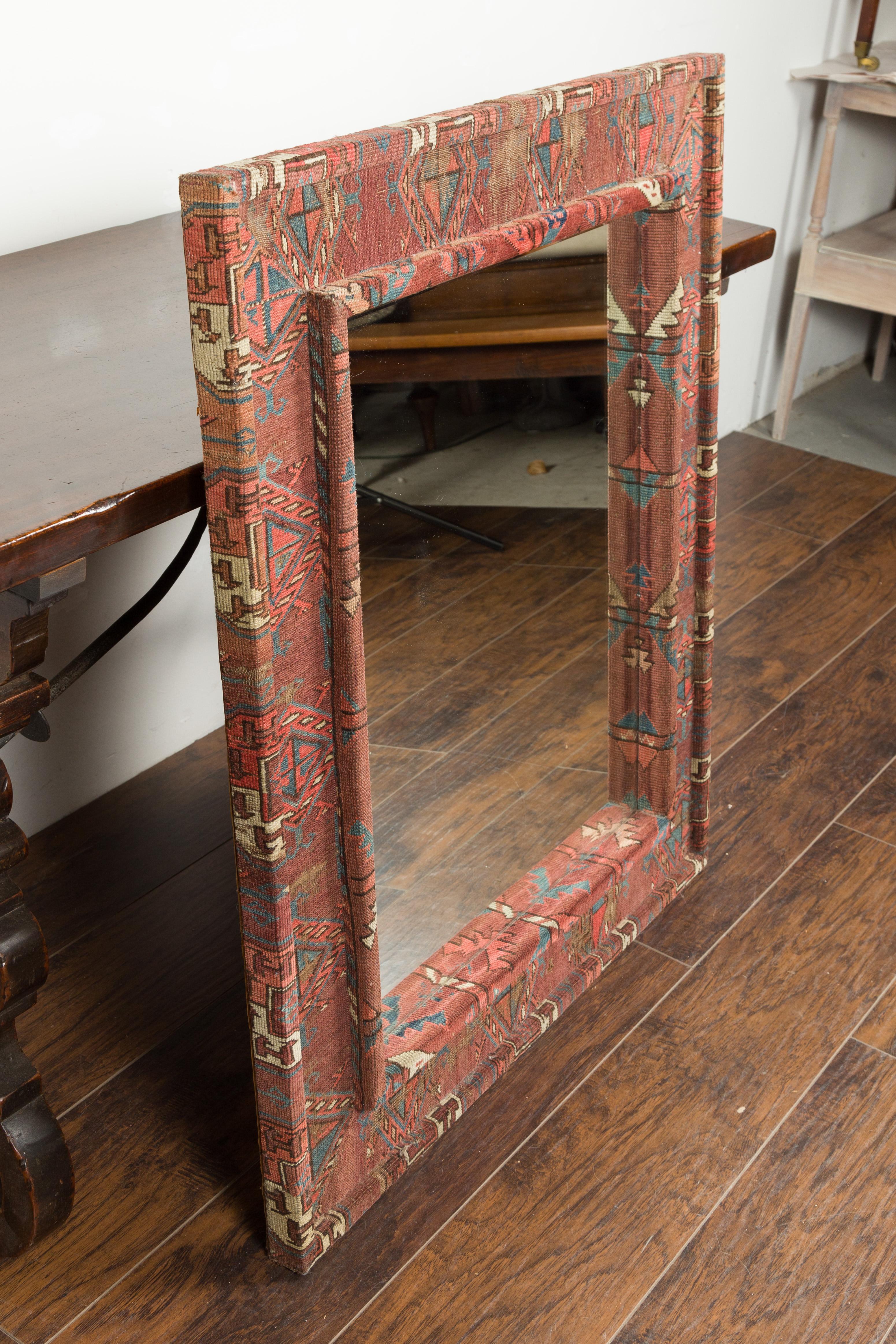 Vintage Kilim Covered Red, Blue and Beige Rectangular Mirror with Beveled Glass 6