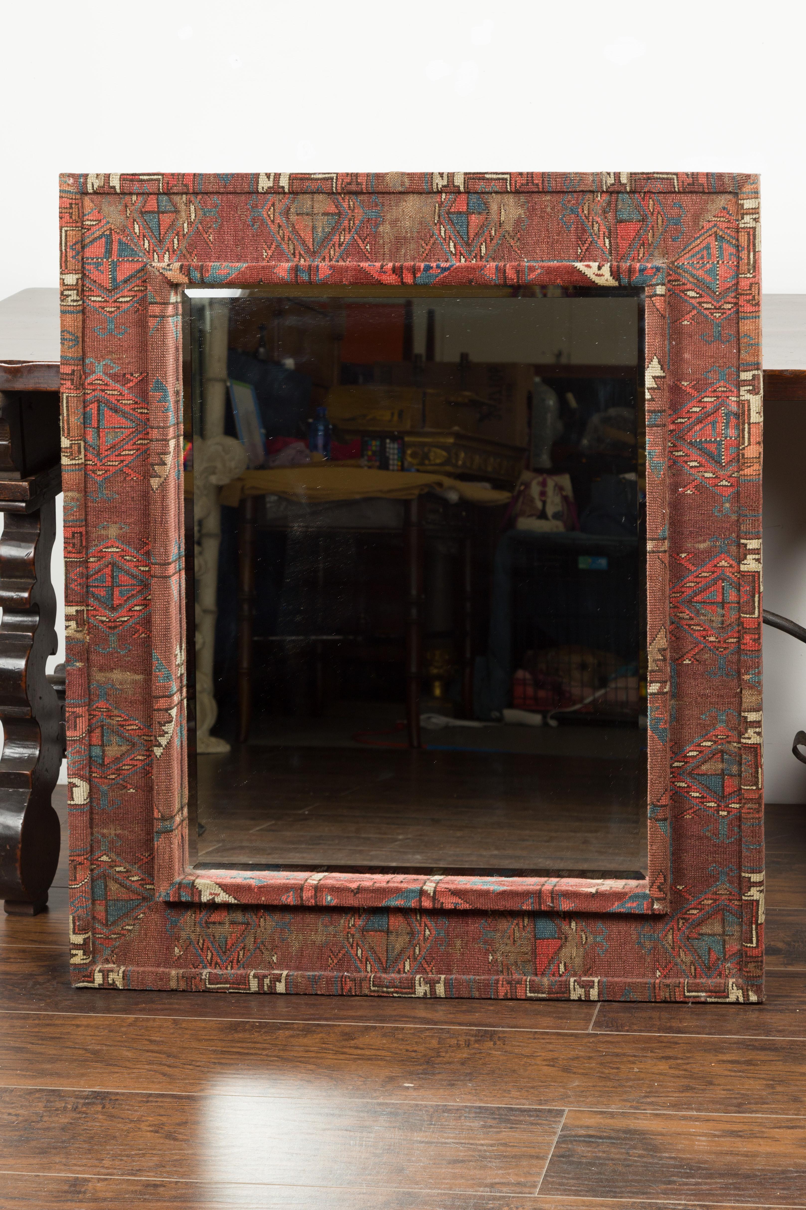 Woven Vintage Kilim Covered Red, Blue and Beige Rectangular Mirror with Beveled Glass